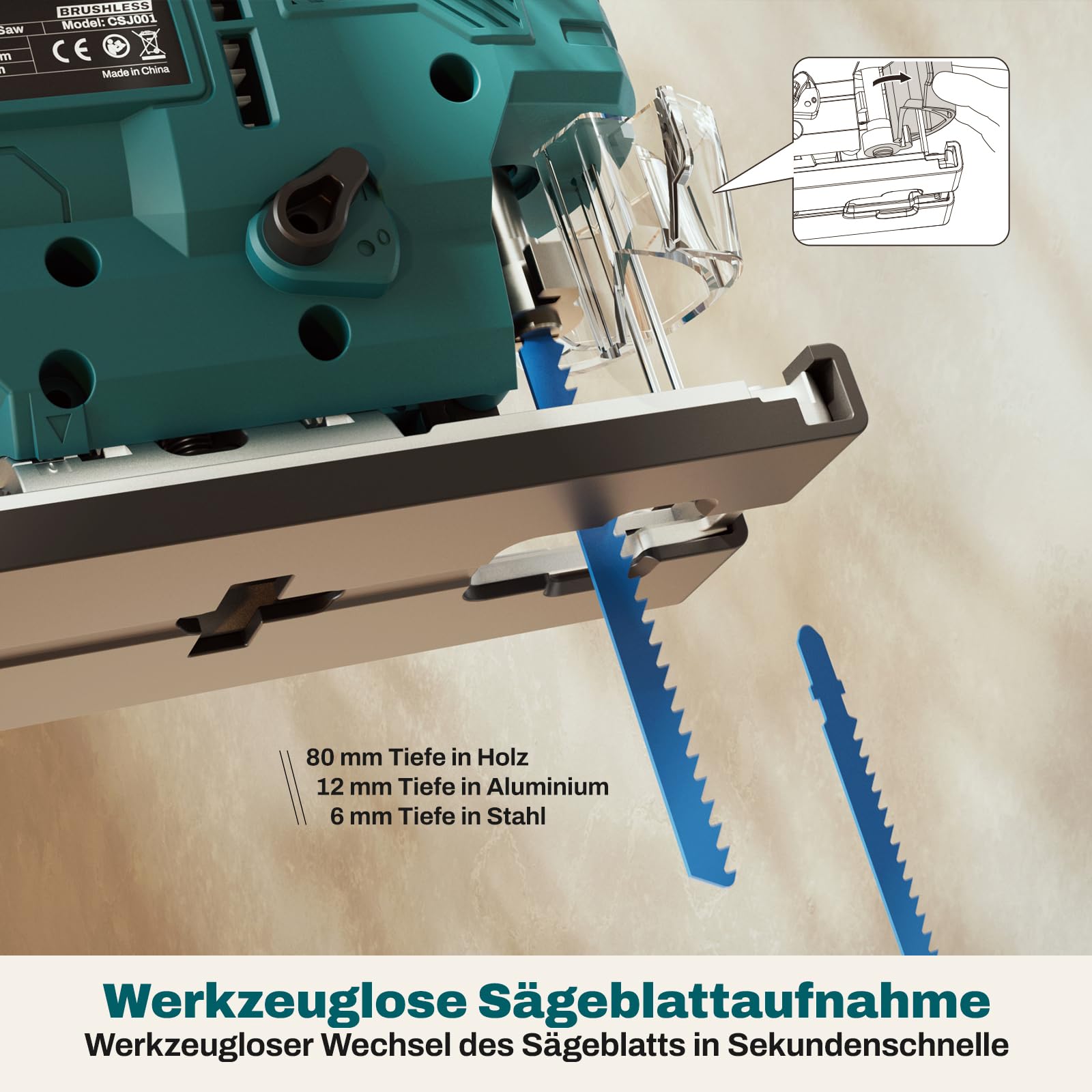 DIY Akku Stichsäge Kompatibel mit Makita 18V Akku, CSJ001 Bürstenlose Pendelhubstichsäge, 26 mm Hubhöhe, max. 45° Schrägschnitte, 2 Stichsägeblätter (ohne Akku)