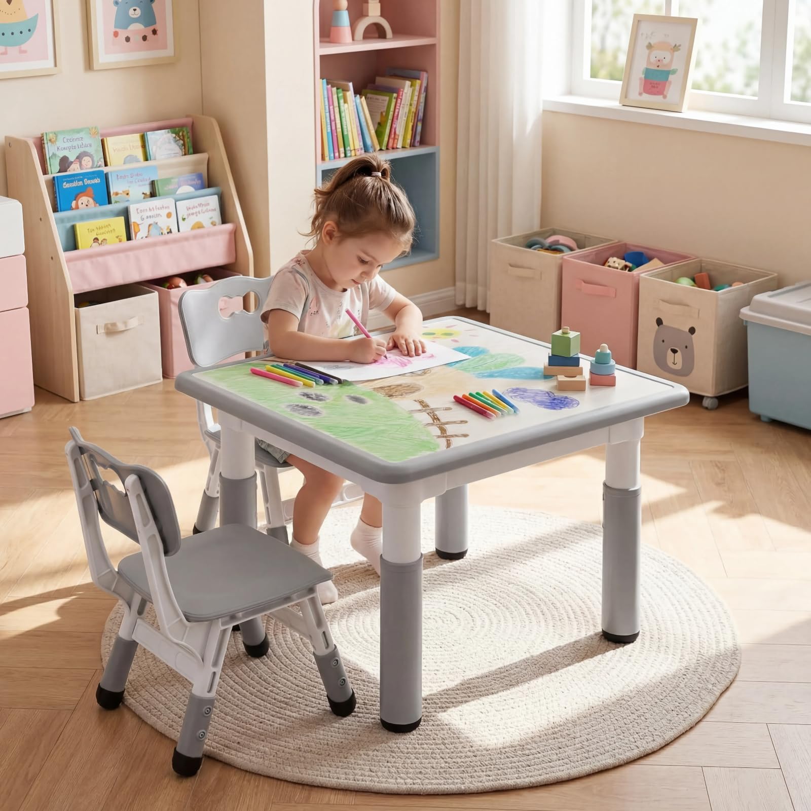 MAMIZO Ensemble de Table pour Enfants Réglable en Hauteur Avec 2 Chaises, Meubles en Plastique, pour Peinture, Garçons et Filles à Partir de 3 Ans (Gris, Carrée)