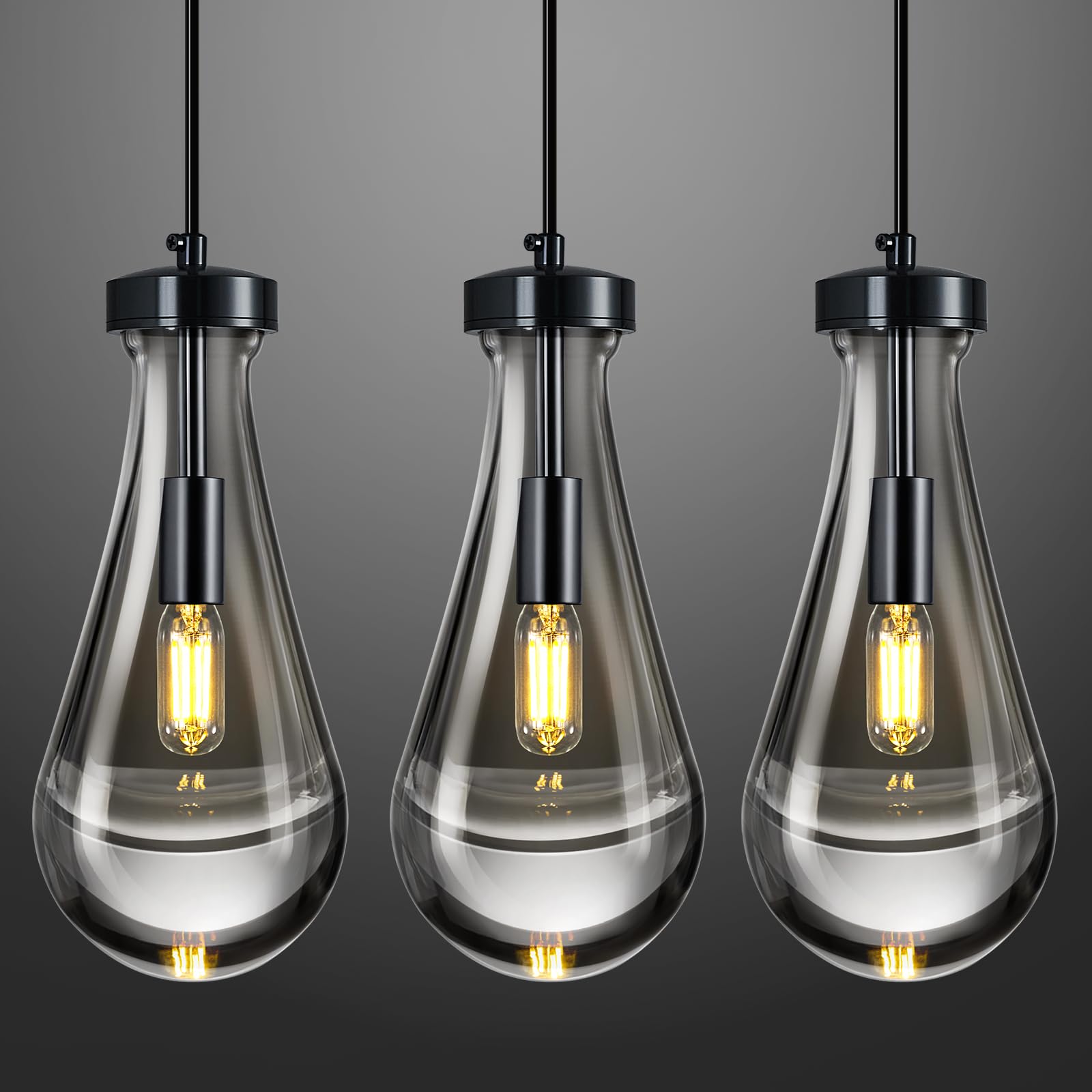 LIANGMH Raindrop Pendant Lights Kitchen Island Teardrop PlatingBlack Hanging Light Fixtures Clear Solid Glass Pendant Light Modern Chandeliers for