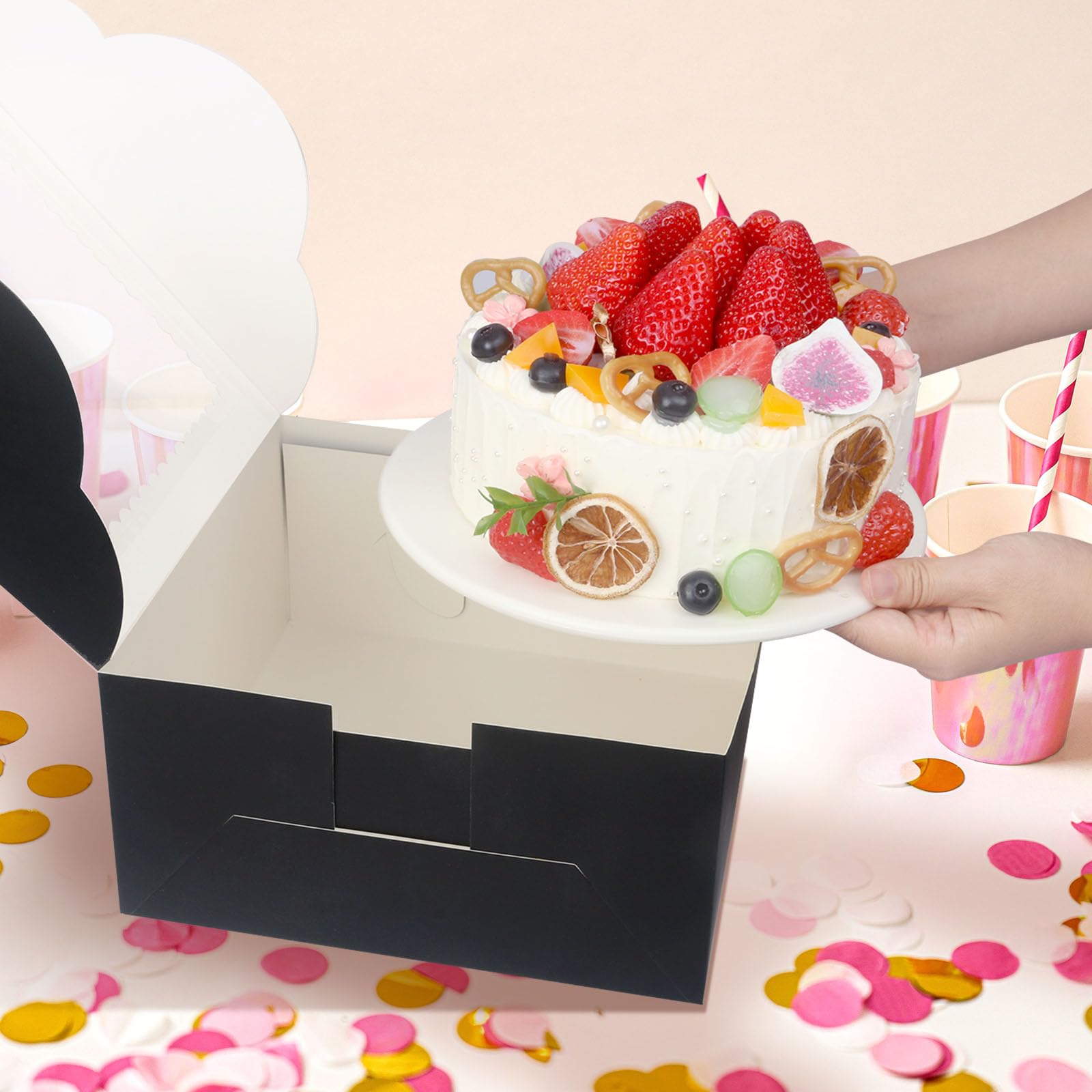 20 scatole per torte da 25,4 cm con finestra, 25,4 x 25,4 x 12,7 cm, scatole nere per pasticceria, torte, biscotti, cioccolatini, cupcake, feste di compleanno, matrimoni, San Valentino