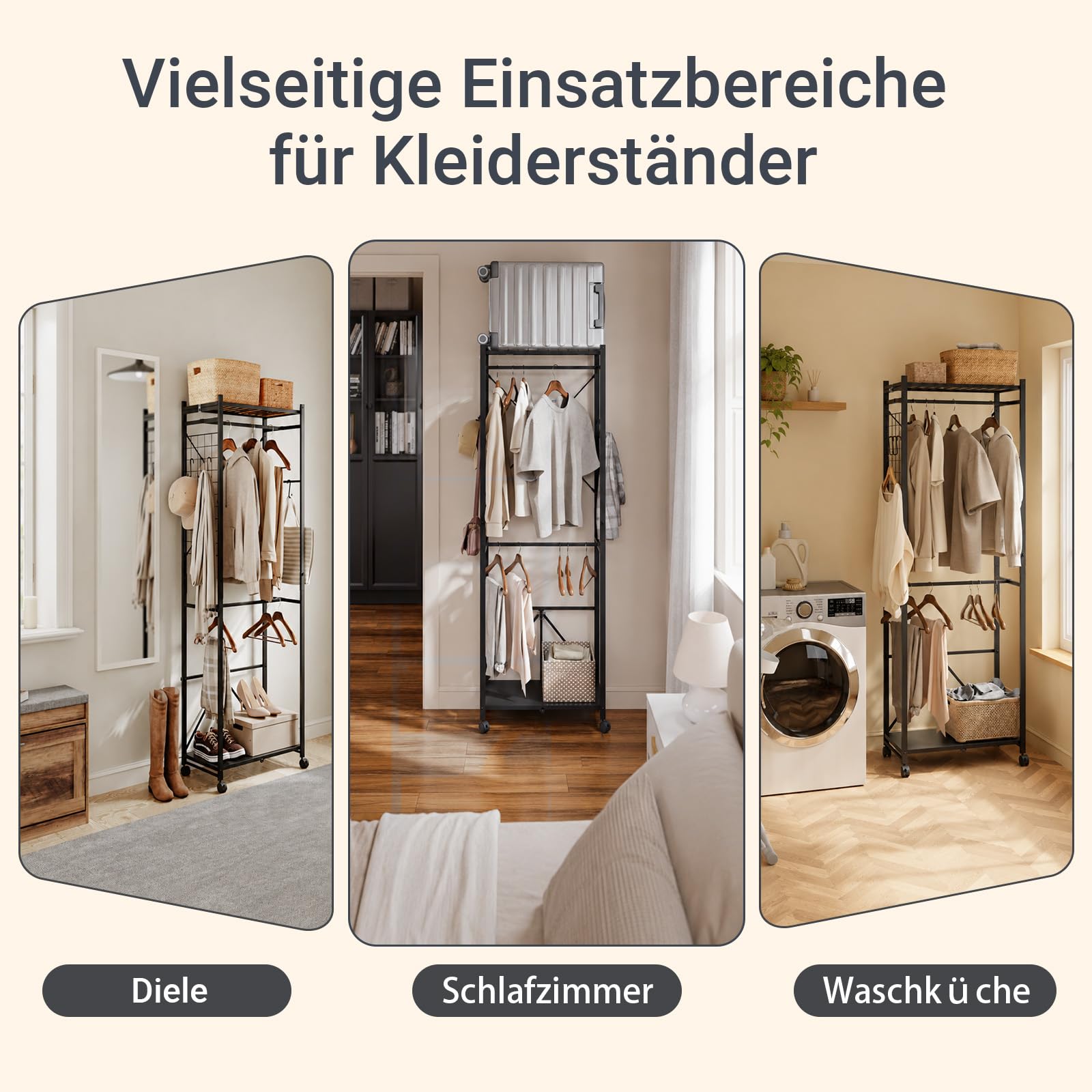 SoBuy Klappbarer Kleiderständer Schmal auf Rollen, 60,5x32,5x175cm | mit Schuhablage, Haken & Gepäckständer für Schlafzimmer Flur Wäscheraum, werkzeugfreie Montage, Schwarz, KLS21-SCH