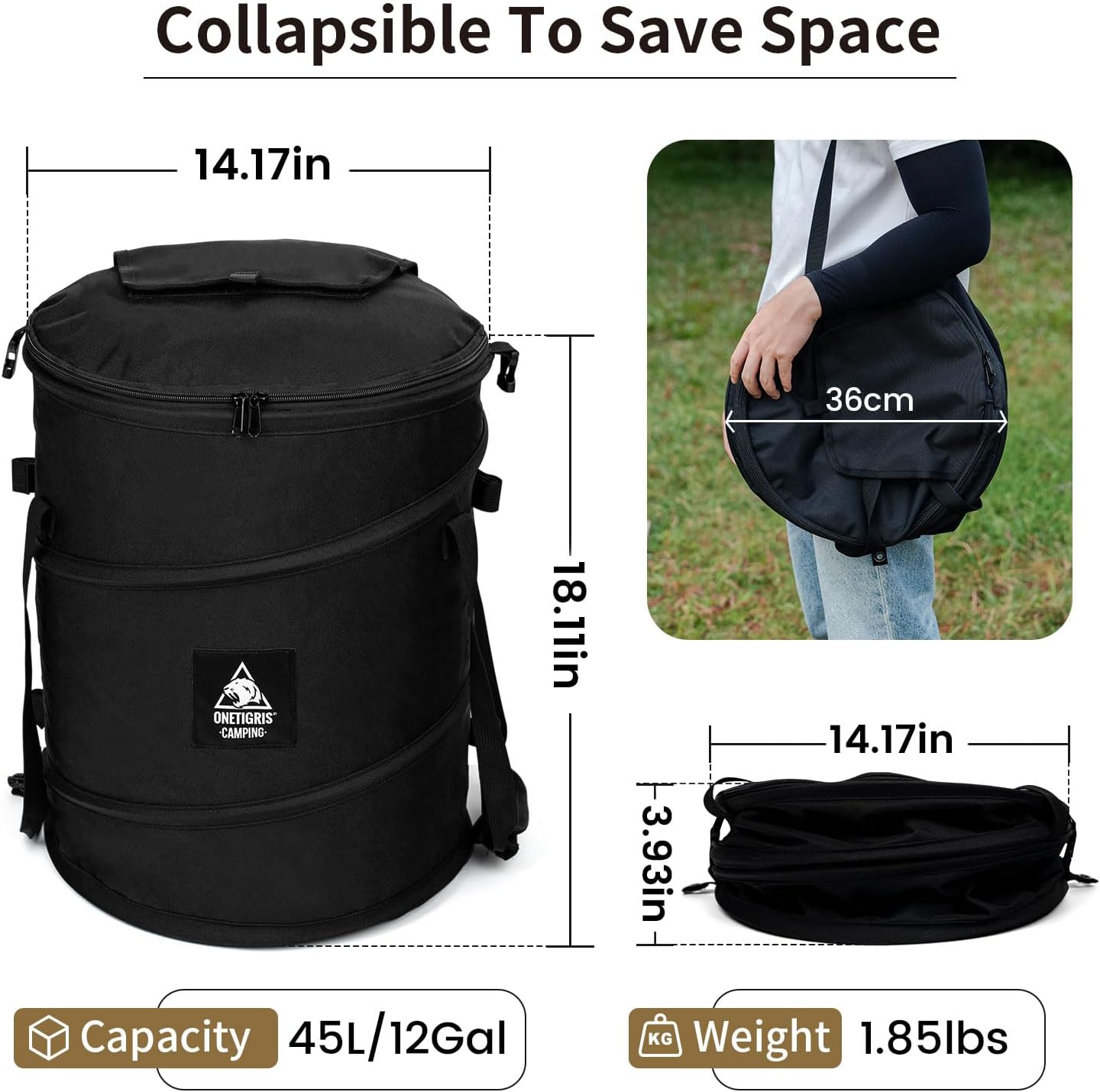 ONETIGRIS Collapsible Trash Can for Camping,12 Gallon Pop up Trash Can with Sorting Clips, Outdoor Collapsible Bin with Lid 600d Oxford Cloth Yard Waste Bags Garden Bag for Camping,Recycling,RV