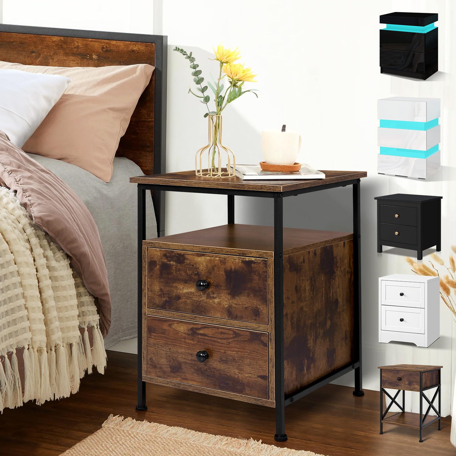 ELFORDSON Rustic Brown Side Table with 2 Drawers & Open Storage Shelf