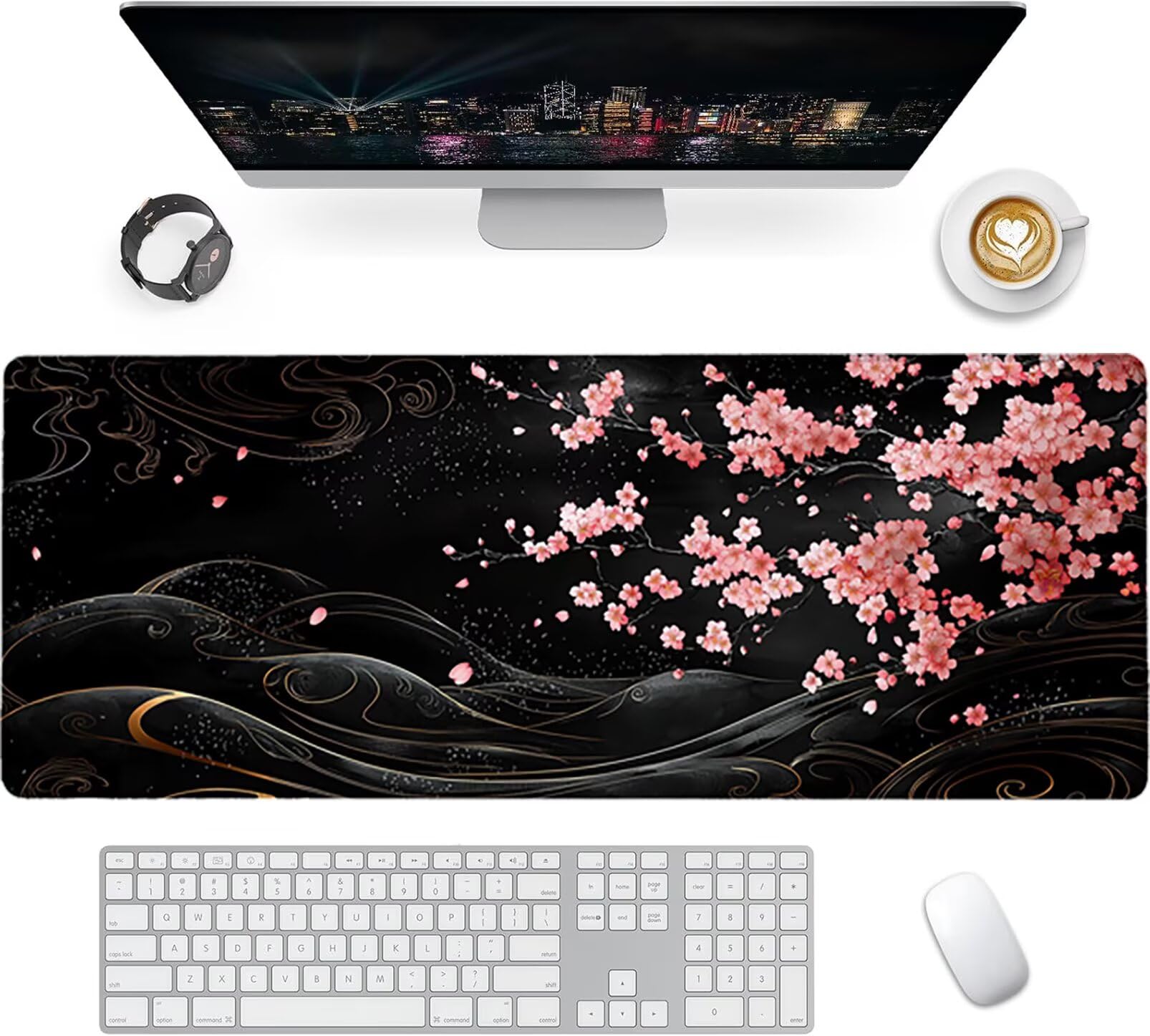 Lpfieonn Kirschblüten Großes Schreibtischunterlage, XXL Schreibtischunterlagen, Schwarz XXL Wasserdicht Gaming Mousepad mit Vernähter Rand und Rutschfeste Gummibasis, für Hause/Büro 120x60cm PF-1769