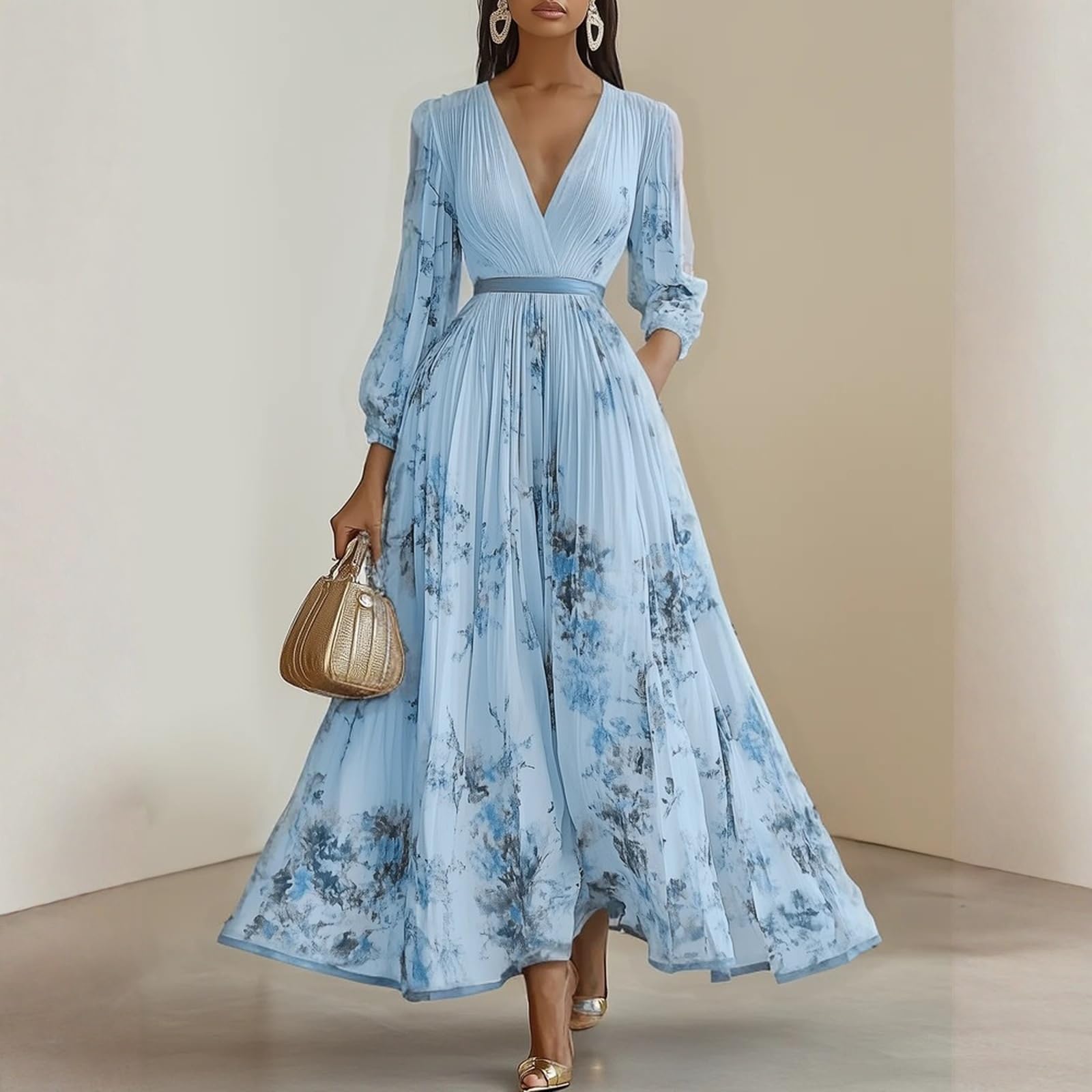 Kleid Hochzeitsgast Damen Curvy Lang Abendkleider Elegant Für Hochzeit Gast Chiffon Festliche Kleider Damen Sommer A Linie Ballkleid V Ausschnitt Tailliert Partykleid Blumen Maxikleider - 2
