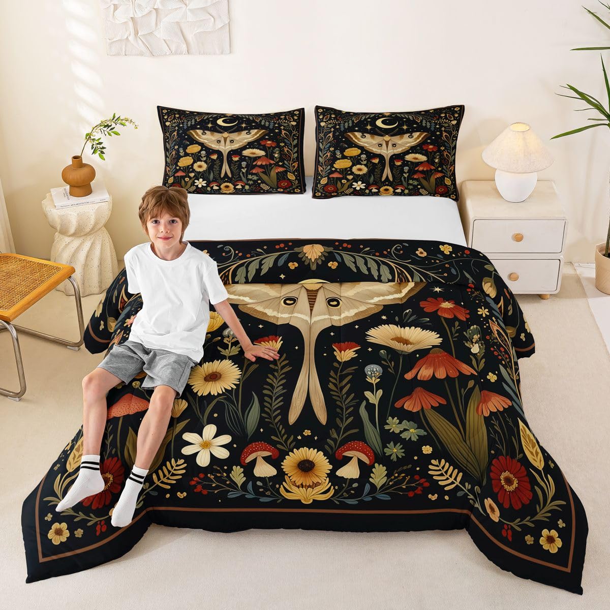 Homemissing Kołdra Moth King Size Sun Moon zestaw pościeli dla dzieci chłopców dziewcząt wystrój boho egzotyczny kwiatowy oddychający miękki lekki mikrofibra boho usta sypialnia dekoracja pościel