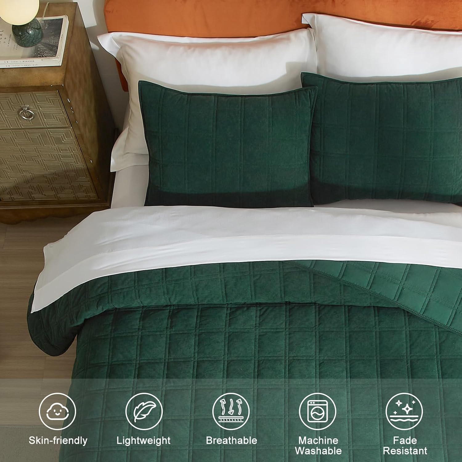 Velvet Quilt Set Green Quilt, Lightweight Soft King Comforter Set, Bedspread Coverlet with 2 Matching Pillow Shams, Velvet Comforter Bedding Set for All Season (Forest Green, Checkered) - Image 3