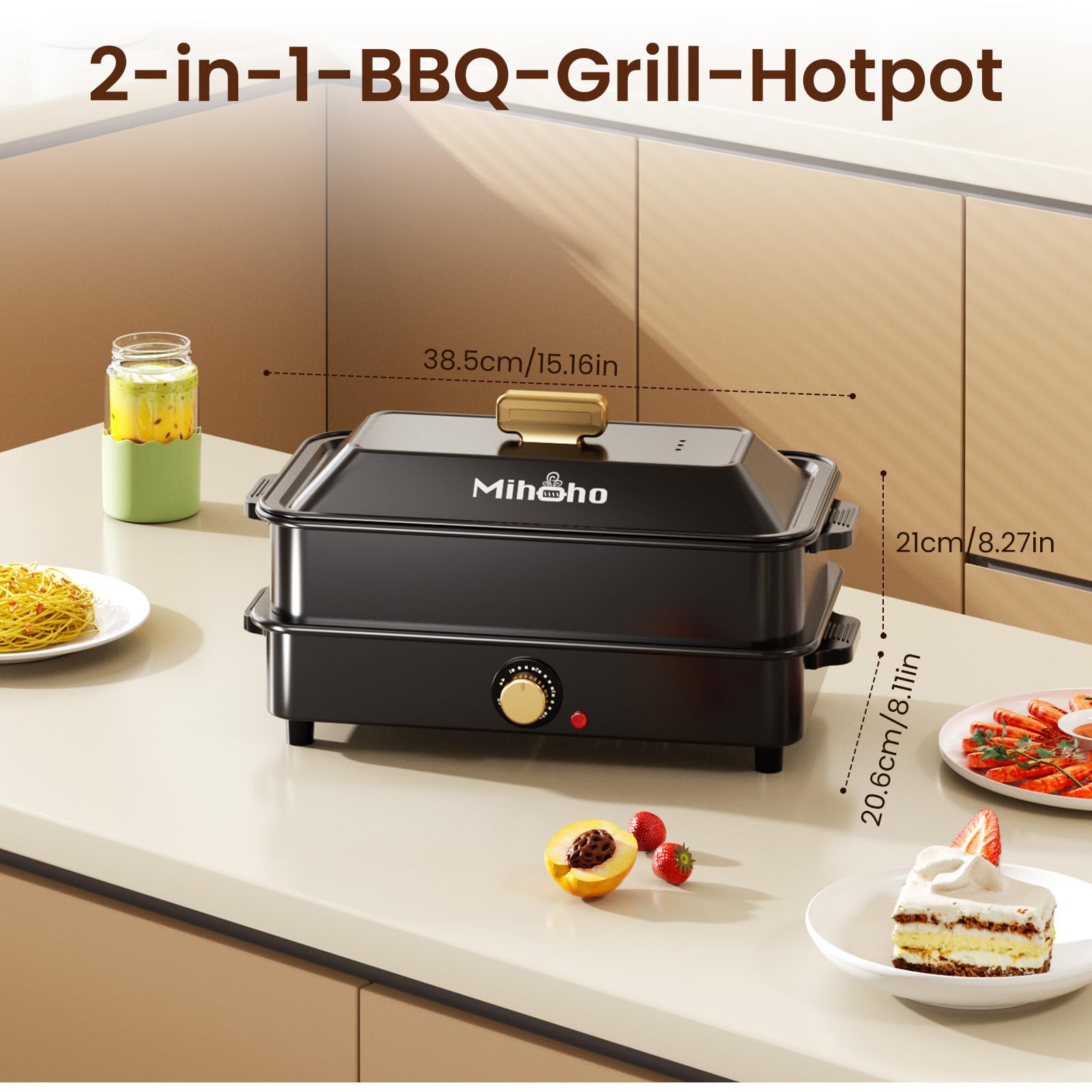Abilità elettrica per barbecue e hotpot con borsa per il trasporto, 1400 W, padella multifunzione 2 in 1, fornello lento, grande capacità antiaderente con coperchio, fornello regolabile (nero)