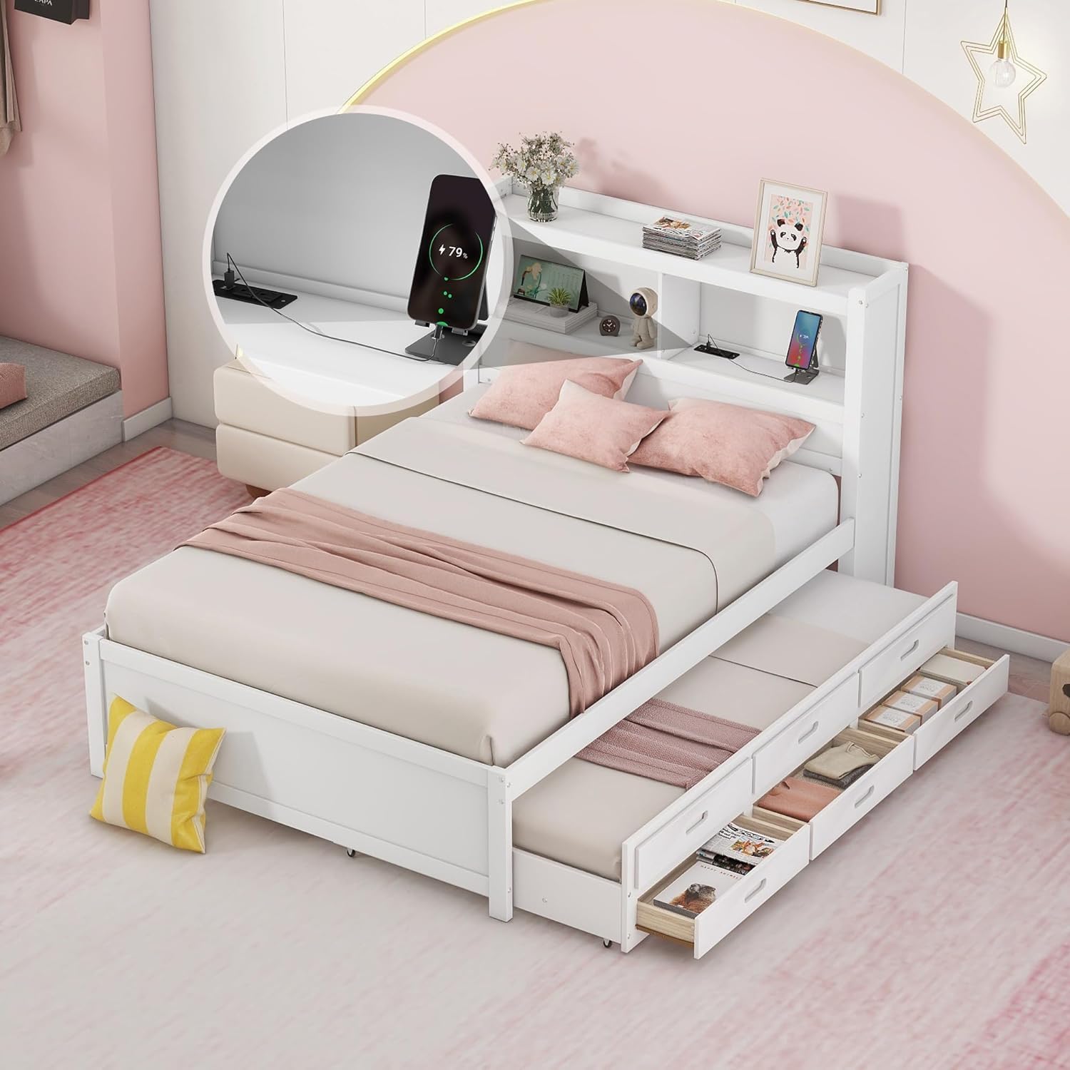 Harper & Bright Designs Full Size Bed with Bookcase Headboard, Wooden Full Size Platform Bed with Trundle and Storage Drawers,Full Storage Bed with USB Ports Outlets for Kids Girls Boys, White