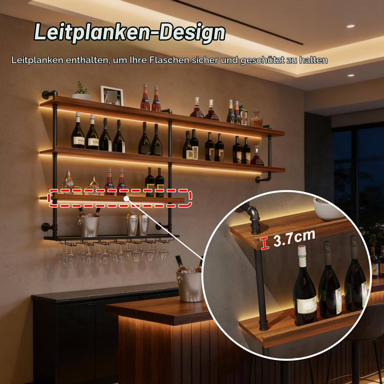 Wandmontiertes Weinregal mit LED-Licht, Massivholz Modernes wandmontiertes Weinregal, Schwebende Barregale mit Glashalter, für die Hausbar, Küche Esszimmer (80cm)
