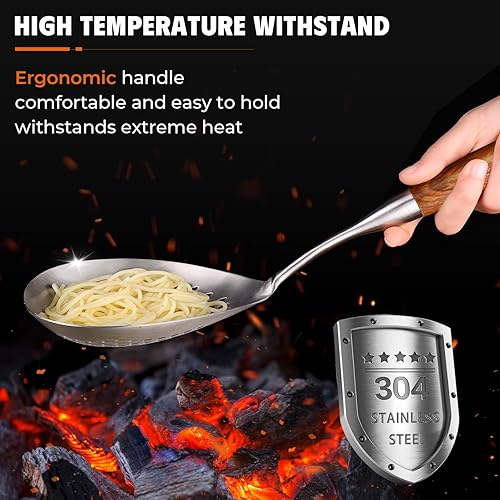Miniatura 5 de Skimmer - Cuchara ranurada de 14 pulgadas para pasta, colador de araña, cuchara para cocinar y freír, cuchara coladora de cocina con mango de madera