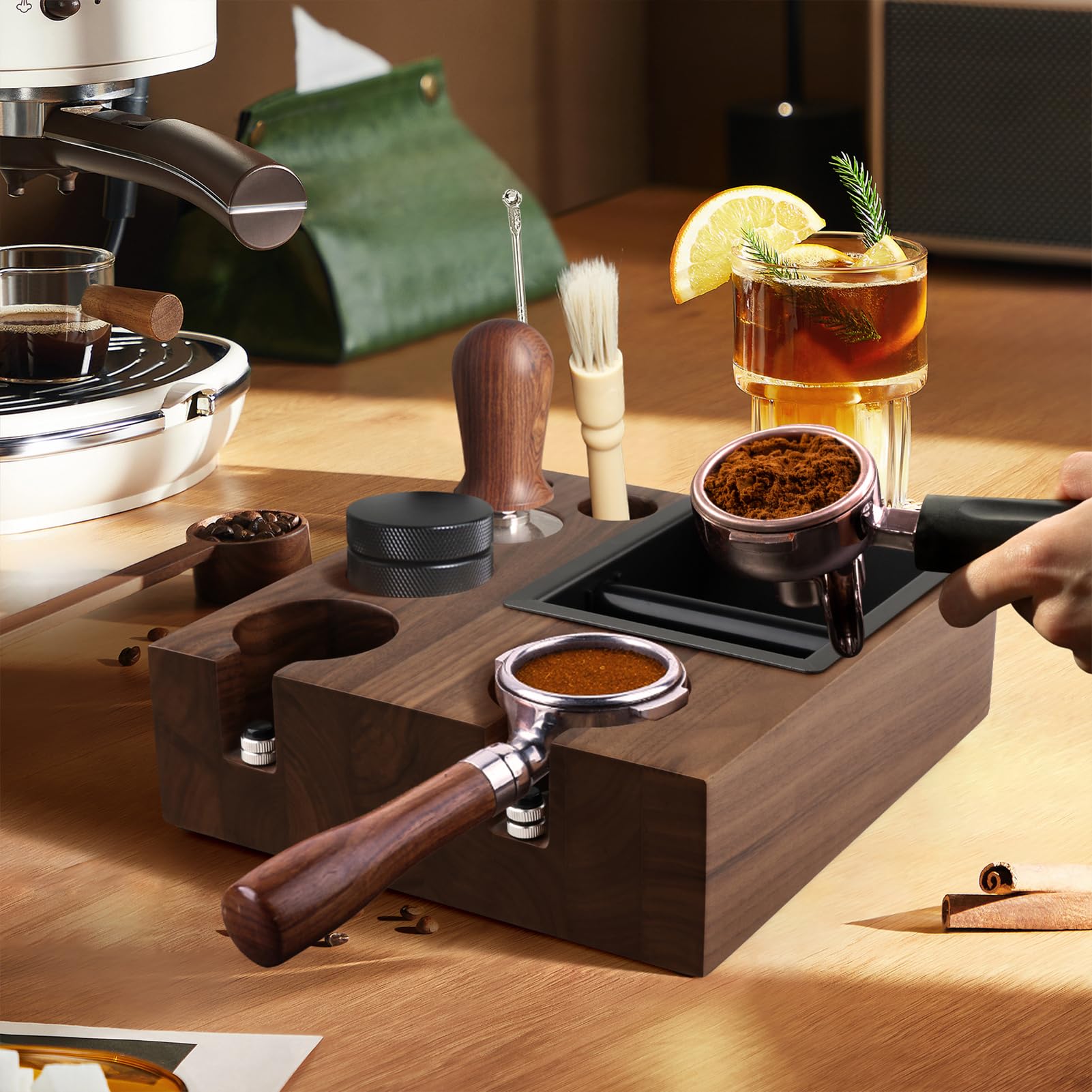 Espresso Knock Box and Tamp Station – Organiseur de tamping Espressos, boîtes de rangement 7 en 1 en bois naturel pour distributeur de tamper 51–58 mm