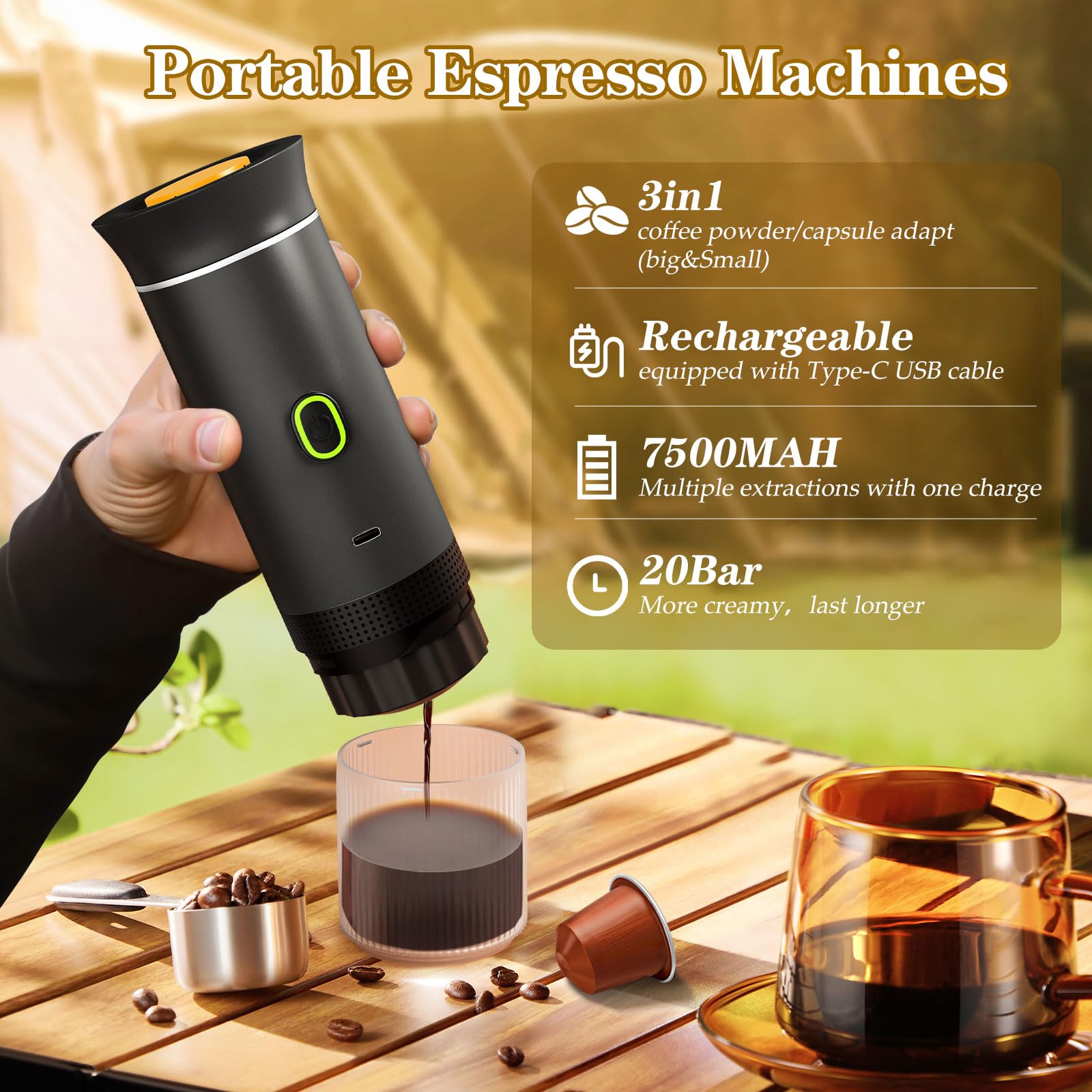 Cafetera Espresso Eléctrica Portátil 3 en 1, Cafetera de Viaje, Cafetera de Coche Autocalentable con USB-C, 20BAR Presión, para Cápsulas Pequeñas o Grandes y Café Molido