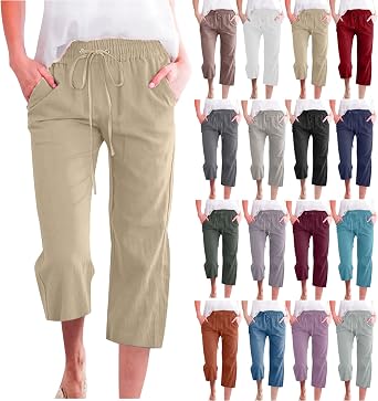 Summer Pants for Women Casual 2024 Summer Drawstring Elastic High Waist Linen Pant Straight Wide Leg Cropped Trousers