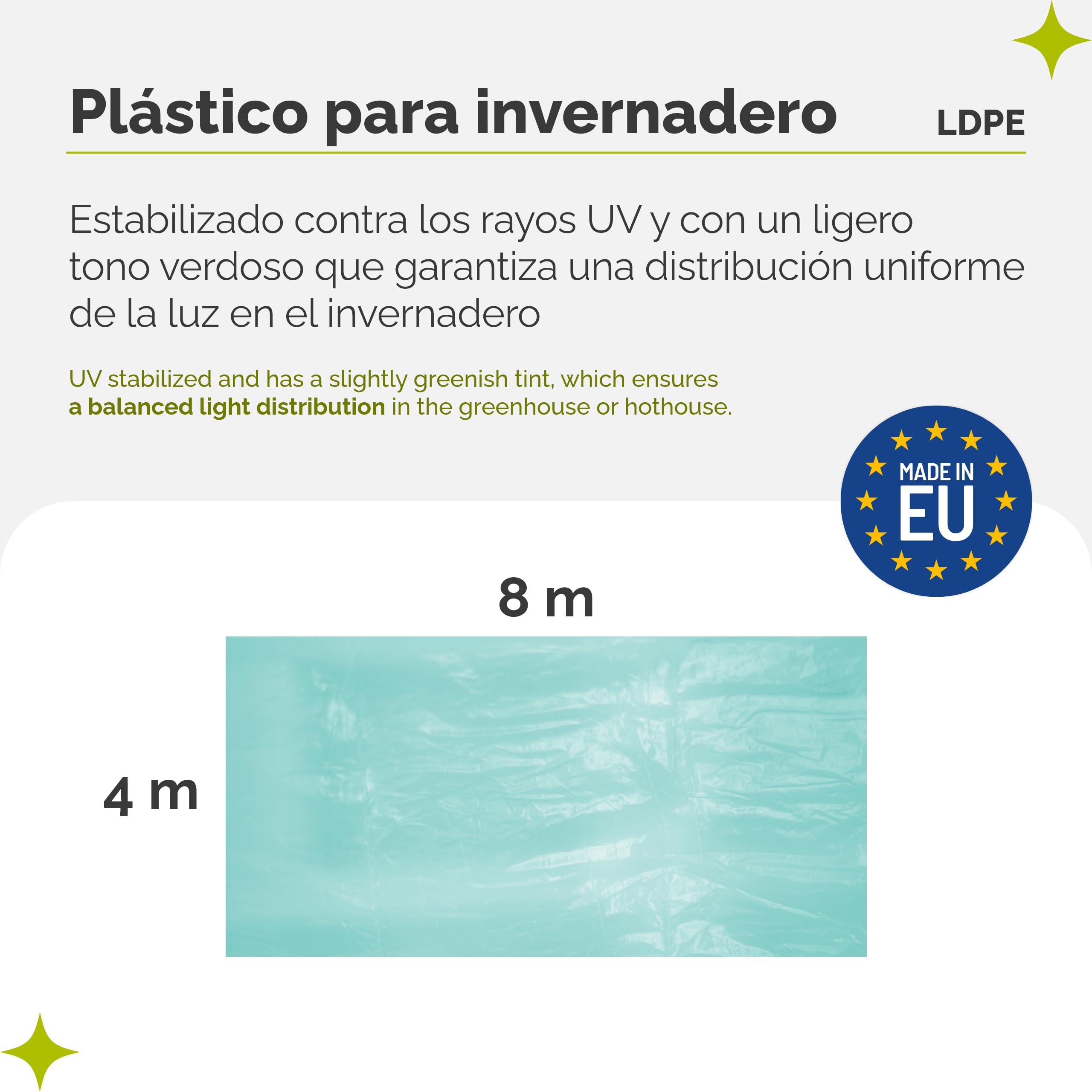 Garronda Plástico para Invernadero de Túnel 8x4 m Profesional - 3 Capas Cubierta Invernaderos Exterior Verde Translúcida 135μm Resistente al Viento UV Plástico Agrícola para Huerto y Jardín GD-0198