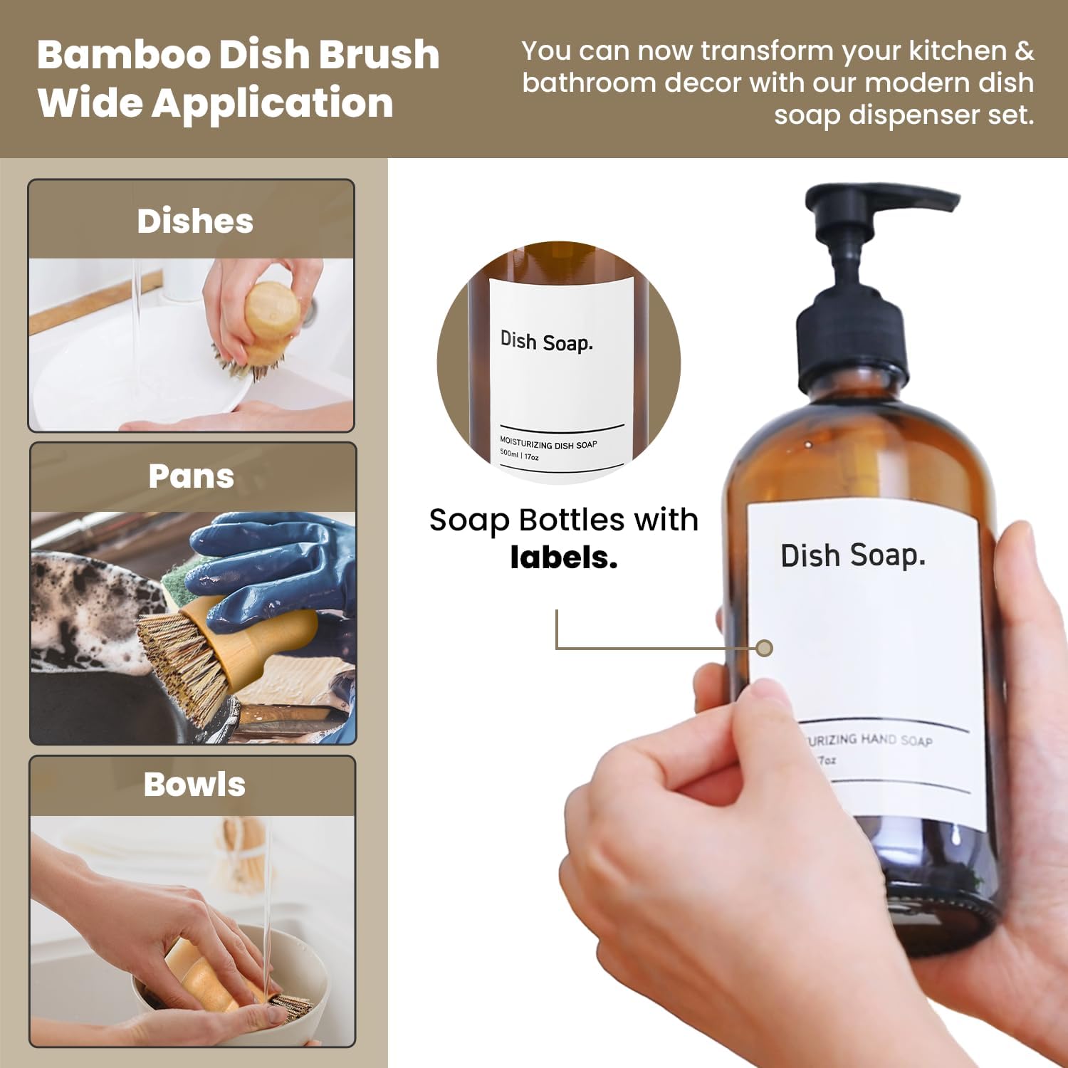 SIDIQI Design Glass Soap Dispenser Set of 2 with Plastic Pumps, Bamboo Tray, Brush & Labels - Ideal for Bathroom & Kitchen Countertop - 500ml/17 Oz