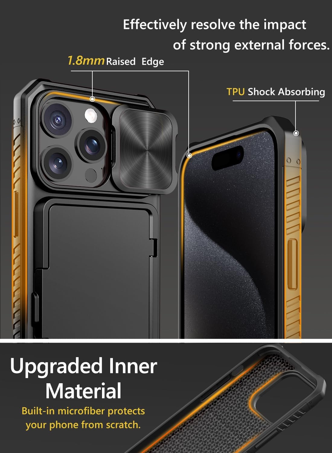 Vihibii for iPhone 15 Pro Case with Card Holder (4 Cards) & Slide Camera Cover & Kickstand, Shockproof Rugged Hard Back & TPU Soft Edge Wallet Phone Case for iPhone 15 Pro 5G 6.1" 2023, Black - Image 6