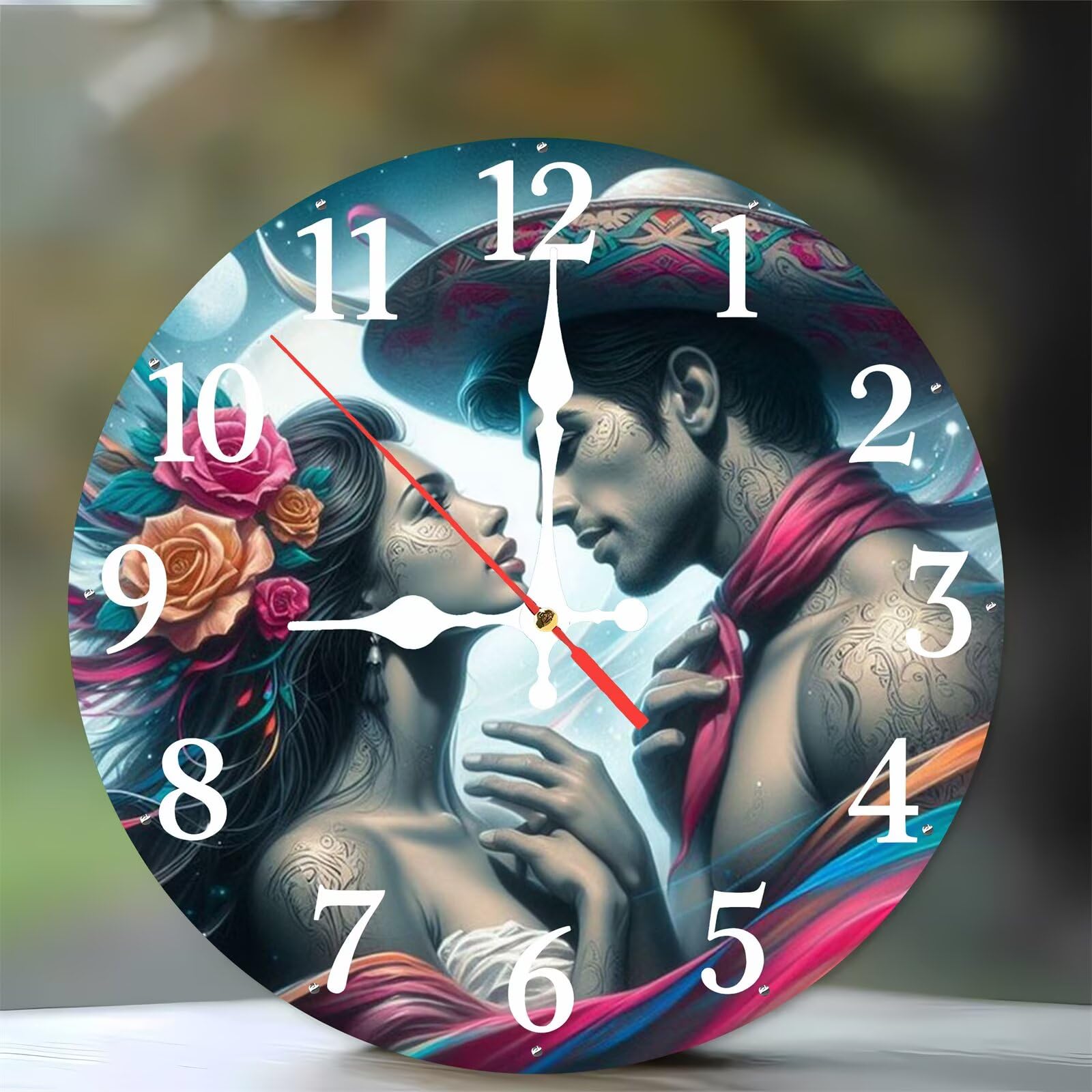 Horloge Murale Bois Silencieuse 35 cm au Motif de Couple Romantique pour Salon