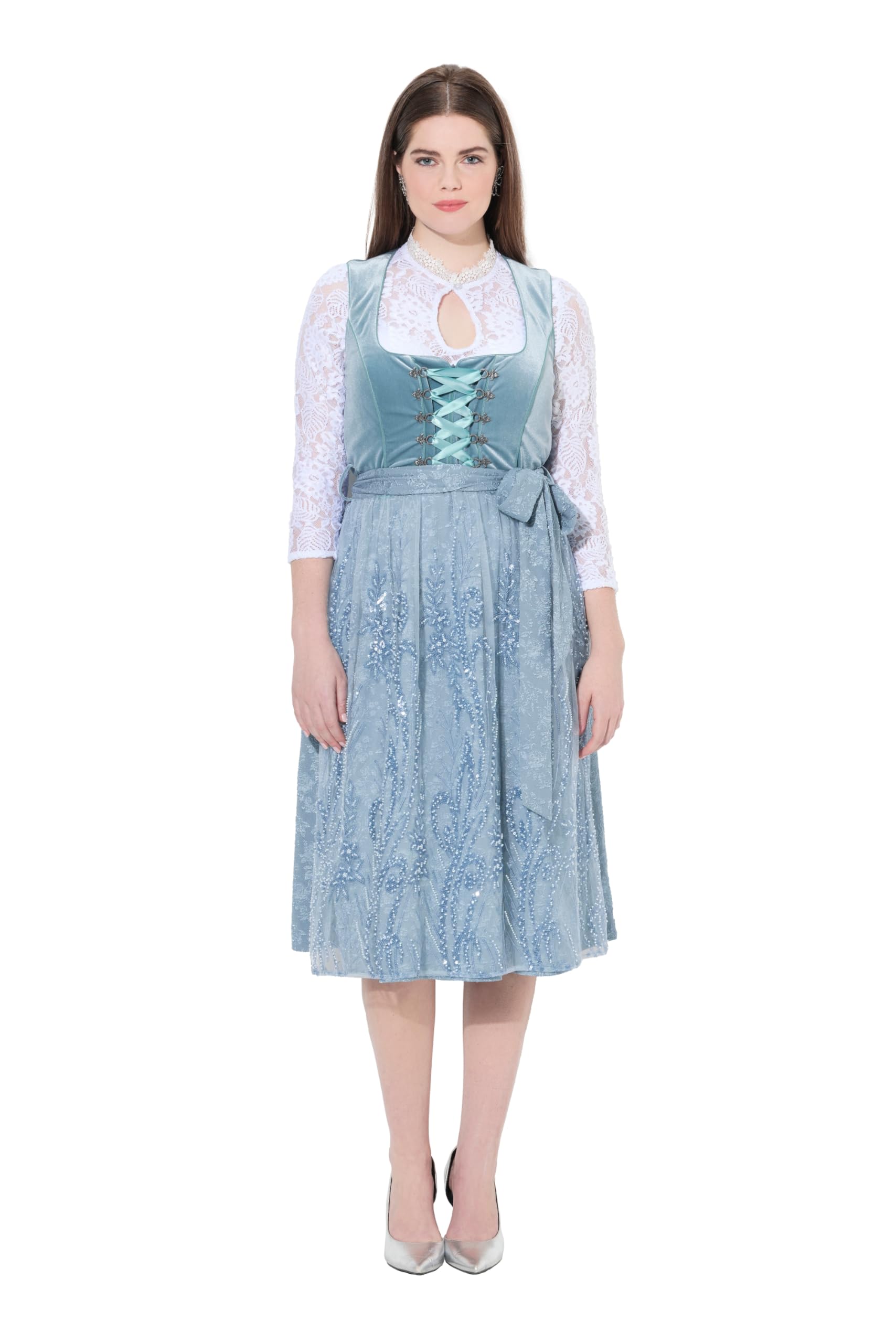 Ulla Popken Damen große Größen Übergrößen Plus Size Dirndl, Stickerei, Schnürung, Carré-Ausschnitt, ärmellos 840866