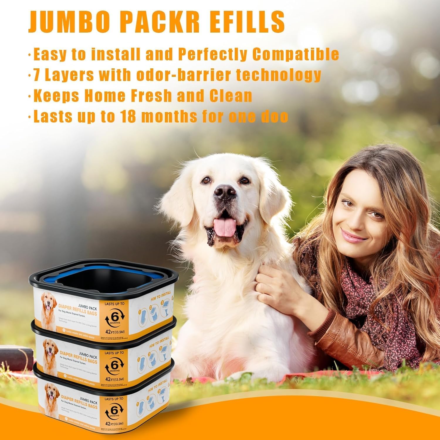 42FT Jumbo Square Refills Disposal Bags Refill Compatible with Pe.t Dogs Gen.ie Dog Waste Disposal System Pails, Up to 6 months of Supply,Ultimate Odor Control Dog Poop Bags, 4 Pack