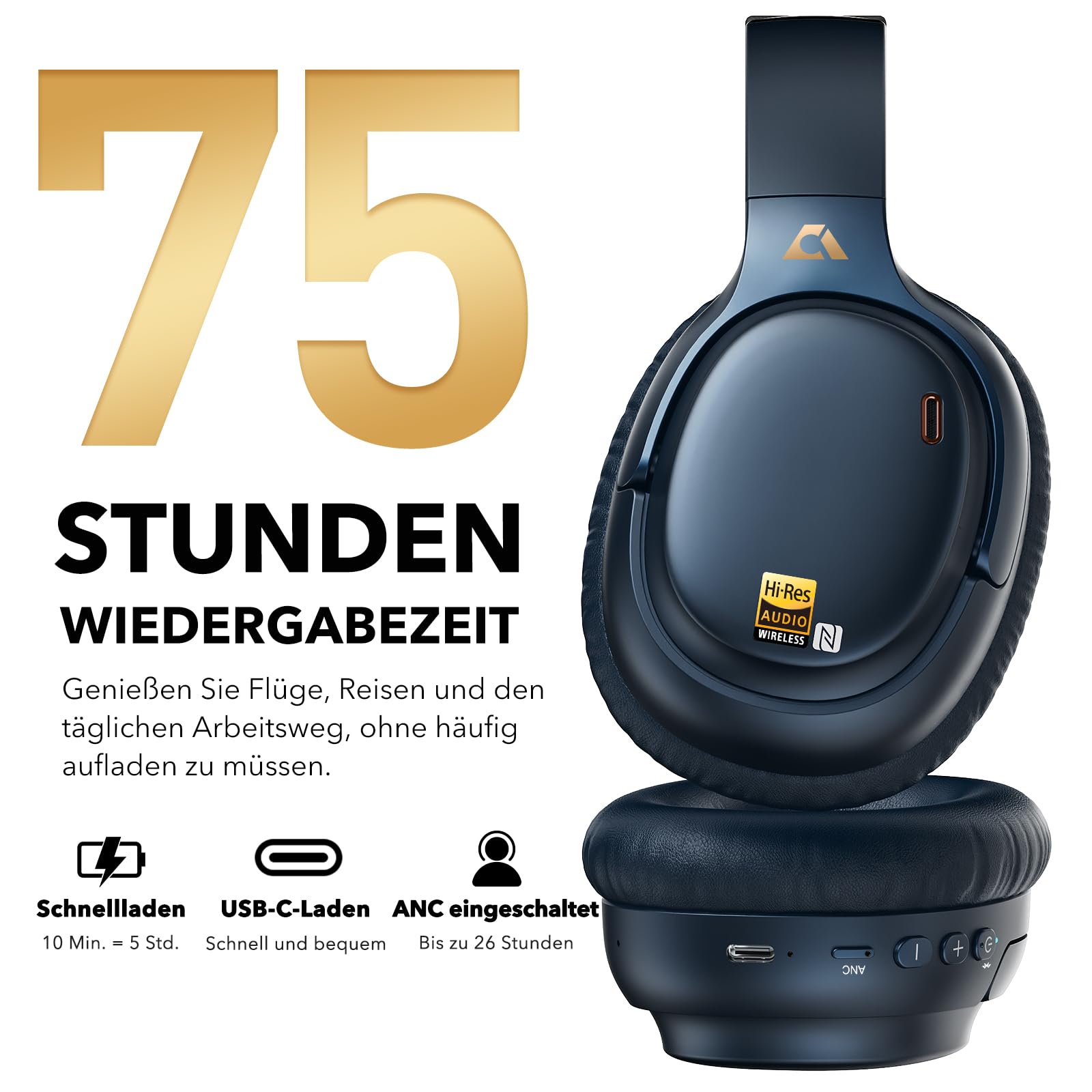 1Mii E700 Kabellose Bluetooth Noise-Cancelling-Over-Ear-Kopfhörer, Indigo | Hybrid ANC, Hi-Res Audio LDAC, Bequem für Pendler & Vielreisende, aptX Low Latency für TV, Büro, Home office & Flugzeug