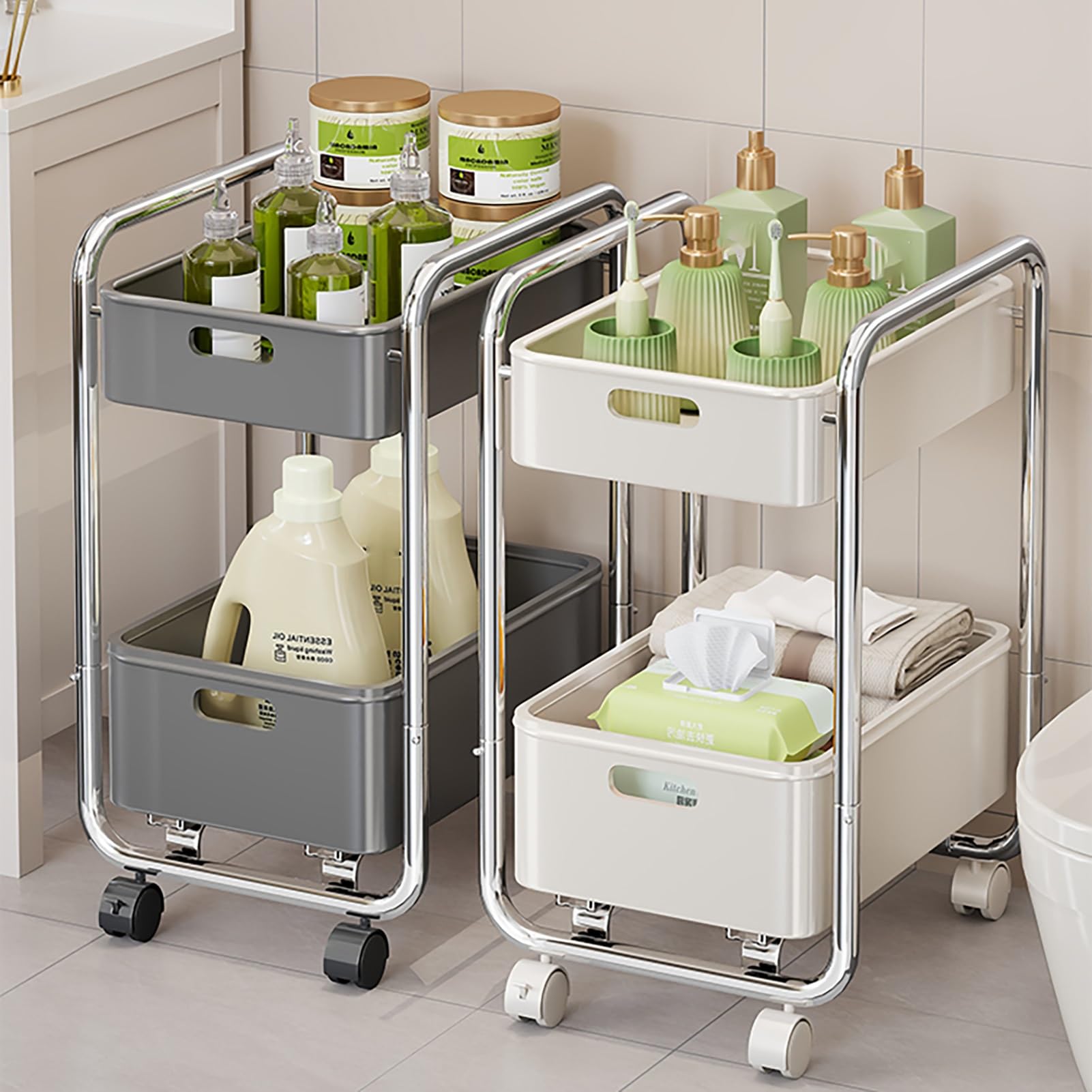 Aufbewahrungswagen mit 2 Ebenen, Badezimmer-Organizer, Roll-Utility, ausziehbarer Heim-Organizer, Organisation für Wohnzimmer, Badezimmer, Küche und schmale Orte.