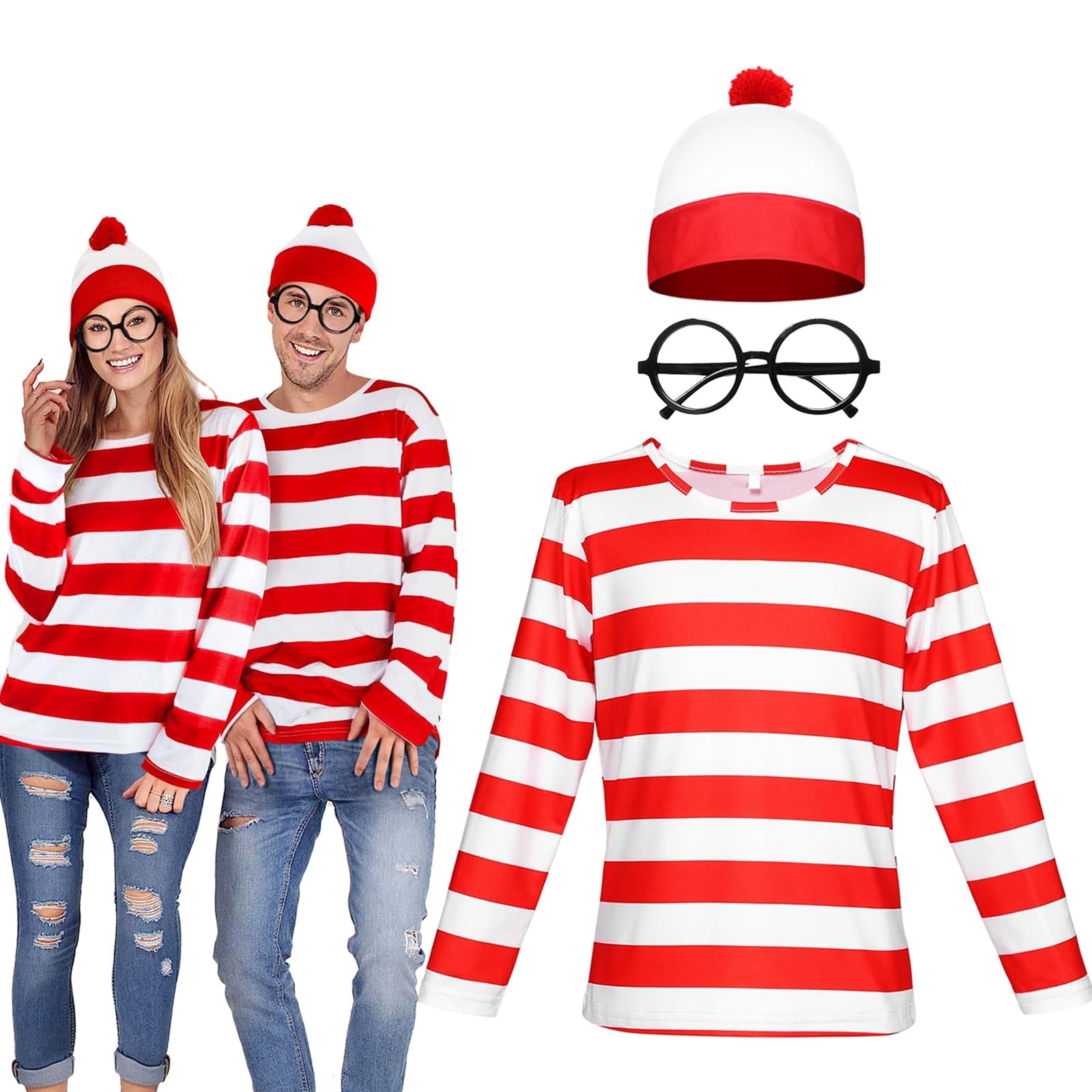 Wynlora Wally Costume Cosplay Accessory, Red and White Striped Top with Beanie Hat Frameless Glasses Fancy Dress Costume Outfit for Adult World Book Day Theme Party Halloween Christmas(S)