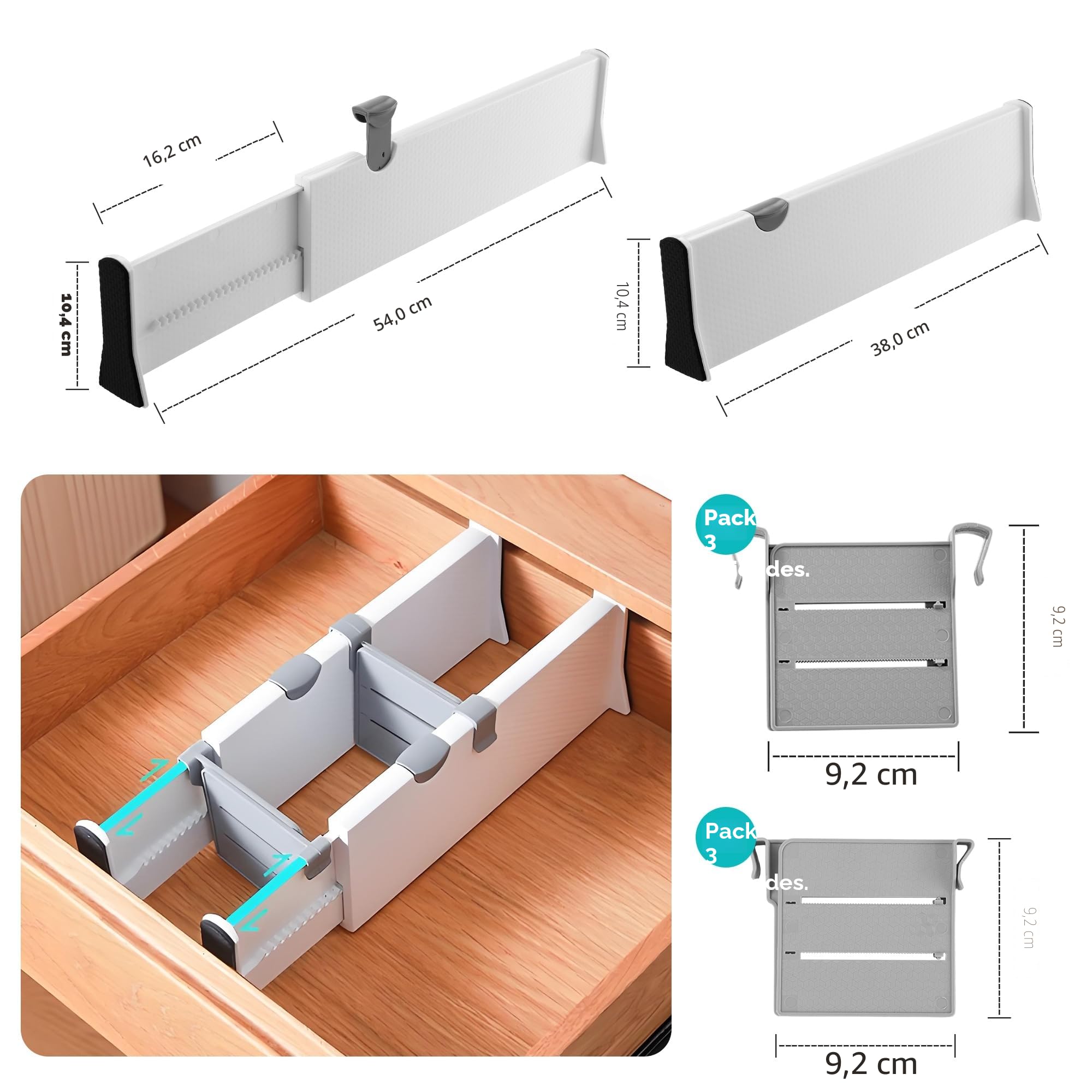 Separadores de Cajones de Plástico Ajustables 37.5-54 cm Paquete de 4 Blanco