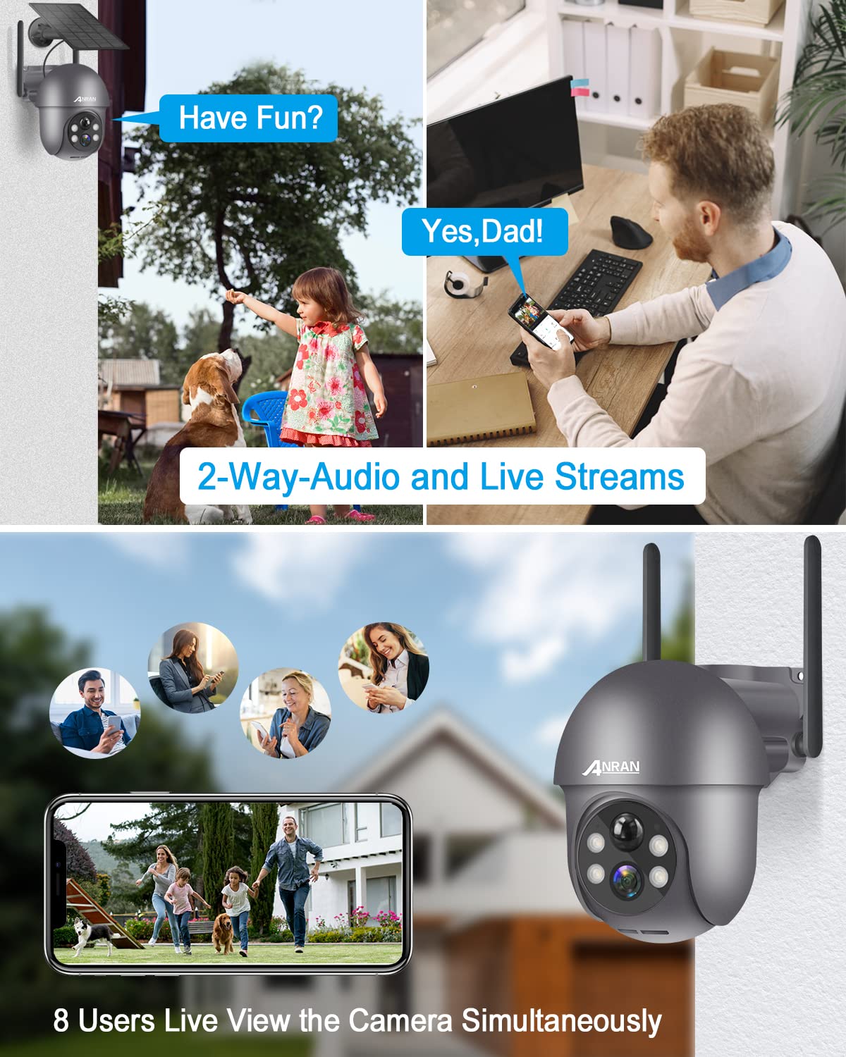 ANRAN 2K Telecamera WiFi Esterno Senza Fili con Pannello Solare, 360° PTZ Videocamera Sorveglianza con Batteria, Rilevamento PIR, Allarme, Visione Notturna a Colori, Audio a 2 Vie, Q1 Grigio 2Pz