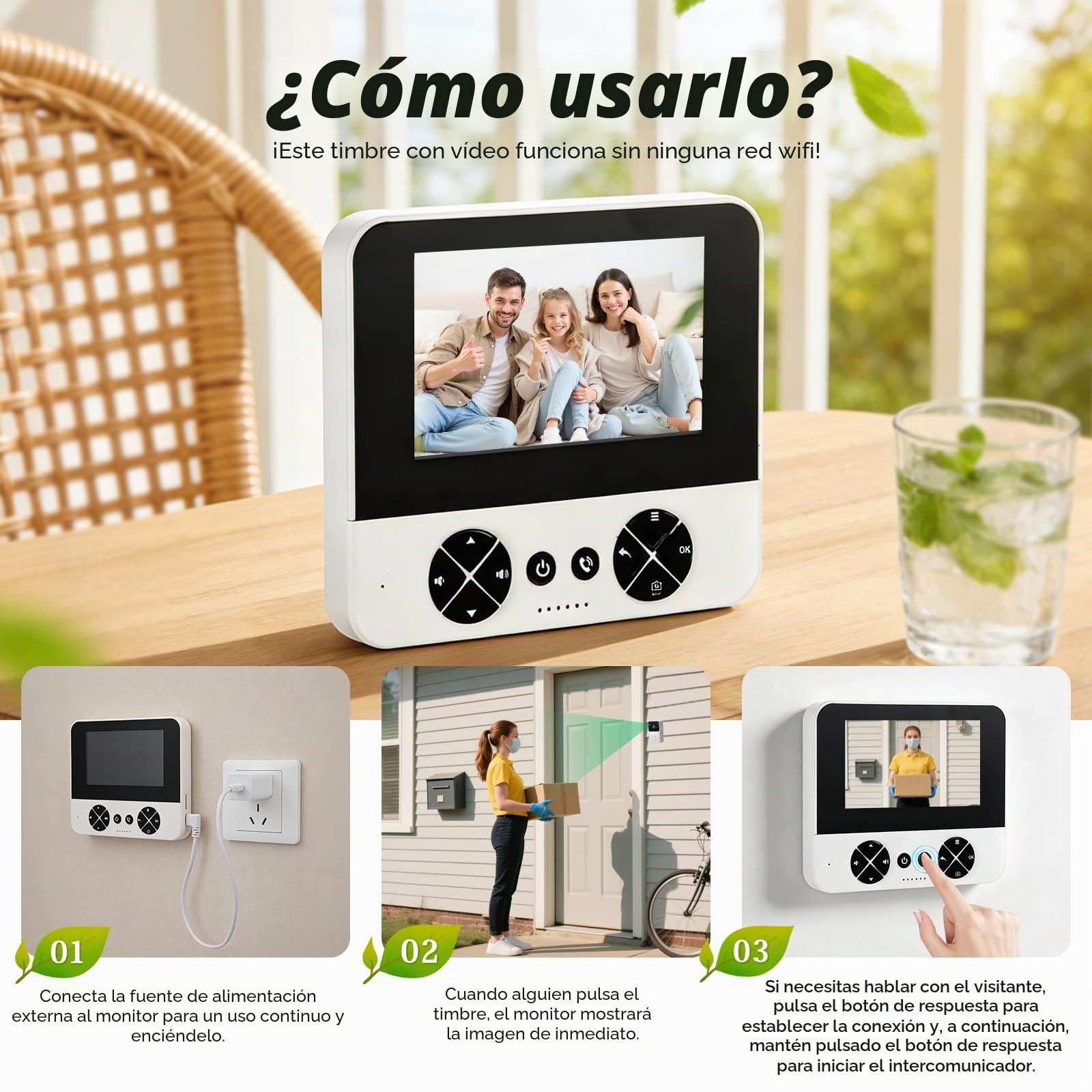 Timbre con Cámara Pantalla 4,3 Pulgadas, Gran Angular 80°, Timbre Inalámbrico Exterior Impermeable 1080p HD, Videoportero Inalámbrico Infrarrojo Noche, Audio Bidireccional, IP65, sin WiFi Ni APP