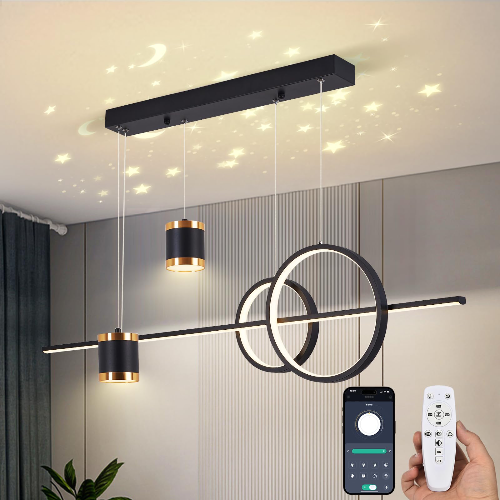 Moderne Suspension Luminaire LED Table à Manger, Dimmable Suspension Luminaire avec Télécommande/APP, L100CM Lustre Linéaire Design pour Salle à Manger Salon, Noir