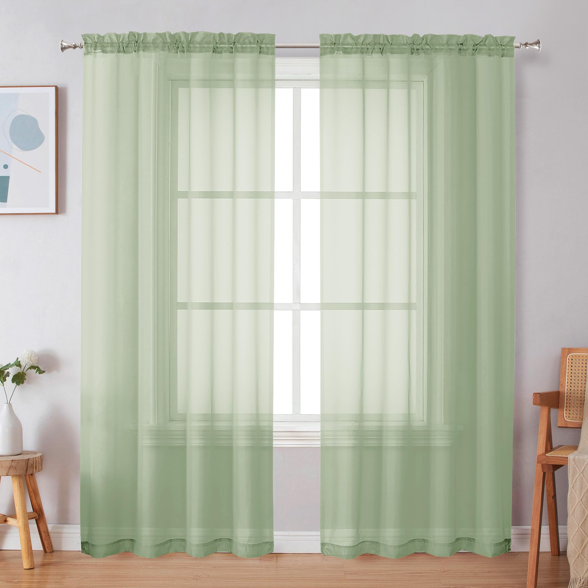 Simplebrand Light Green Sheer Curtains 72 Inches Long 2 Panels for Bedroom