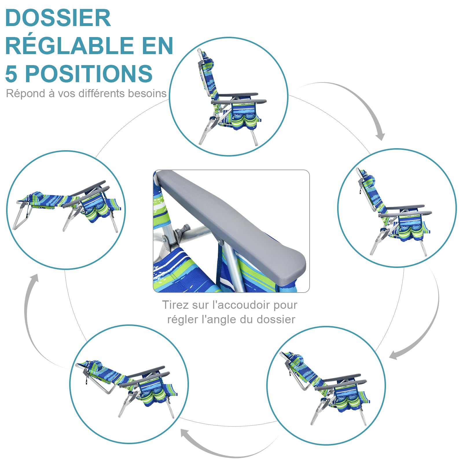GIANTEX Chaises de Plage Pliable 3 Pcs, Chaises de Camping 5 Positions avec Dossier Haut et Table Enroulable, Chaise de Jardin Inclinables Charge 136 KG (Bleu + Vert)