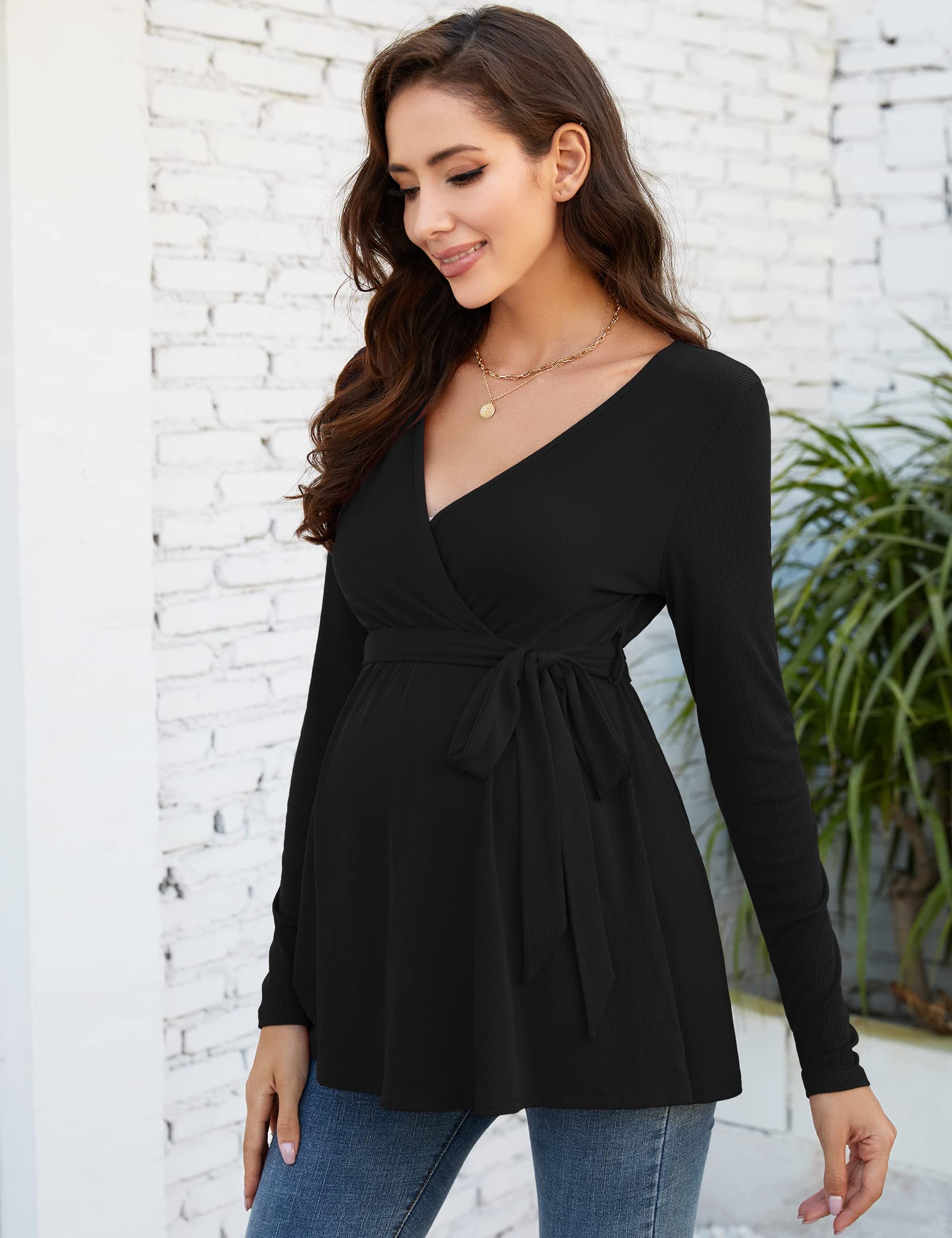 KOJOOIN Camiseta de lactancia para mujer, cuello de pico, camiseta de maternidad de manga larga con cinturón, moda de maternidad (embalaje múltiple)