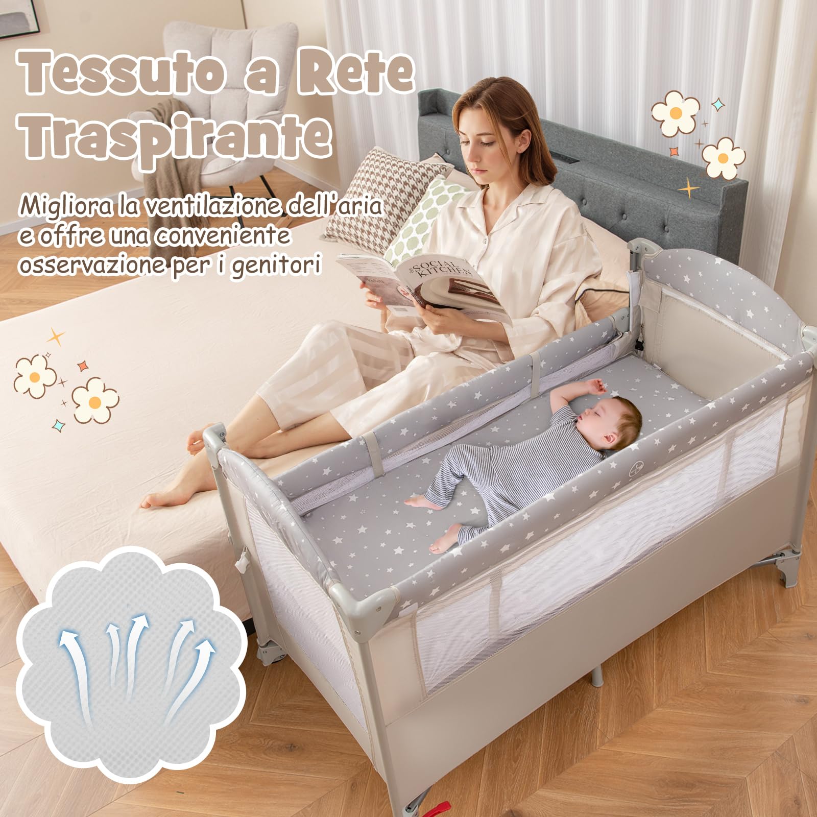 COSTWAY 5 in 1 Lettino per Bambini con Materasso, Lettino Culla da Viaggio per Neonati, Culla Neonato con Fasciatoio, Box Portatile Pieghevole, con Ruote e Borsa, 125 x 65 x 119 cm (Beige)
