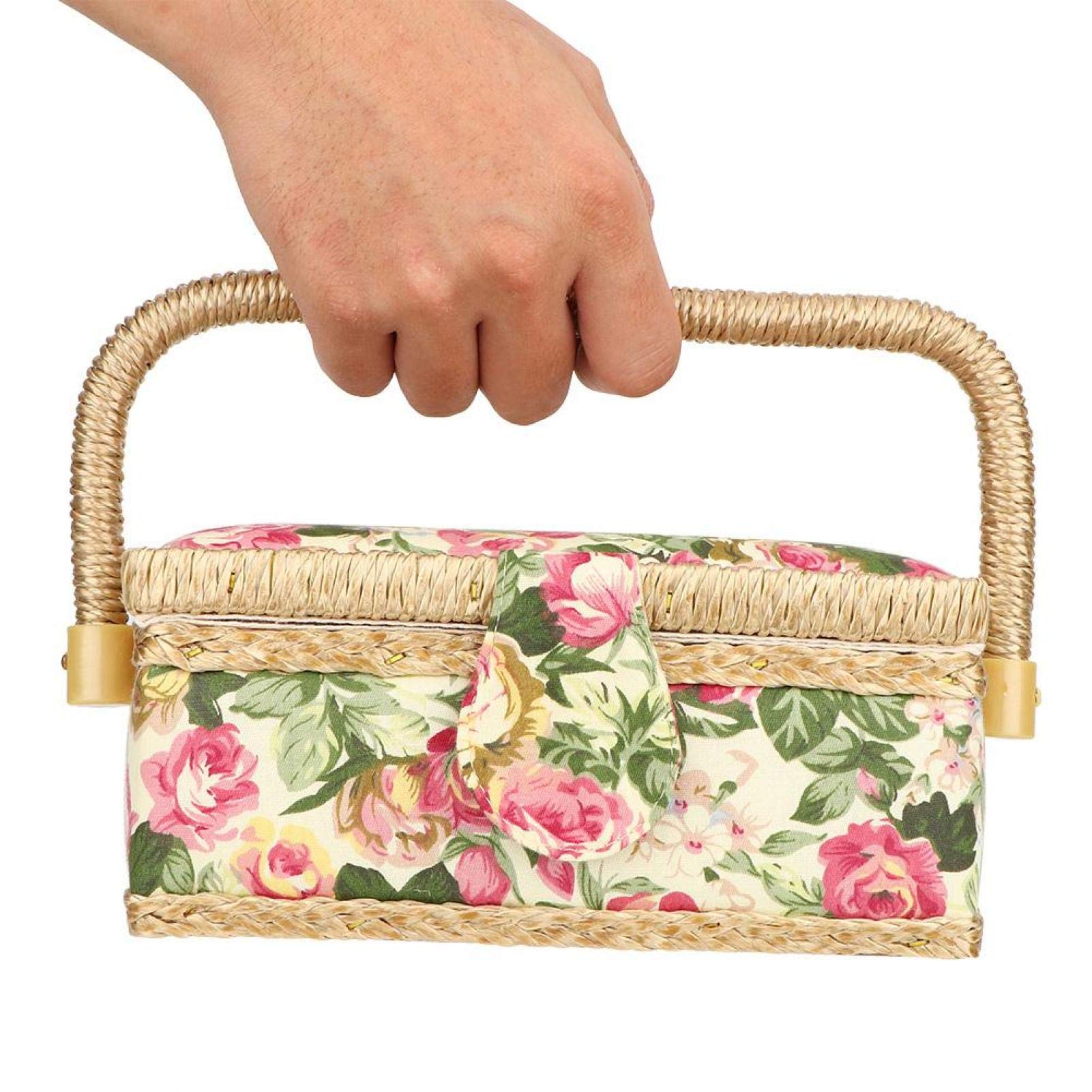 Cesto per uso domestico Tessuto artigianale Cesto da cucito fatto a mano Filo Ago Scatola portaoggetti Organizer Panno Art(Rosa da giardino)