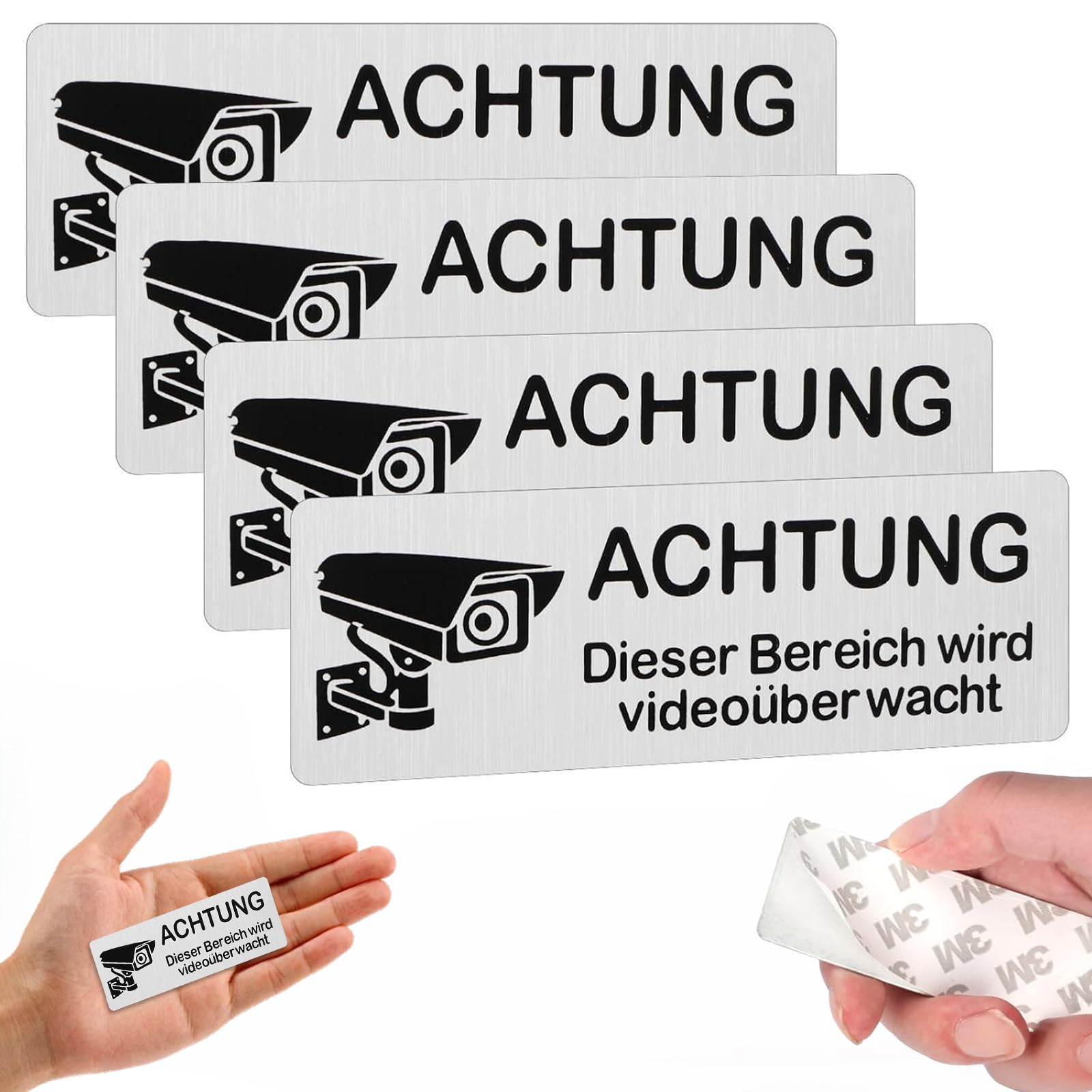 4 Stück Videoüberwachung Schild – 8.5x3 cm Aluminium Hinweisschild, UV & wetterfest Deutliche Überwachungshinweise, Sicherheitskamera Hinweis Schild für Haus, Garten, Büro, Tor und Garage