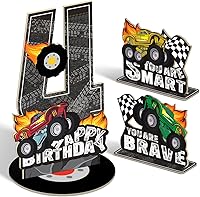 Vista 22 de 3 piezas de centro de mesa de madera escalonada de madera para auto de carreras de 2º cumpleaños, decoración del hogar (doble cara)