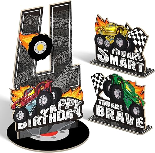 Miniatura 22 de 3 piezas de centro de mesa de madera escalonada de madera para auto de carreras de 2º cumpleaños, decoración del hogar (doble cara)