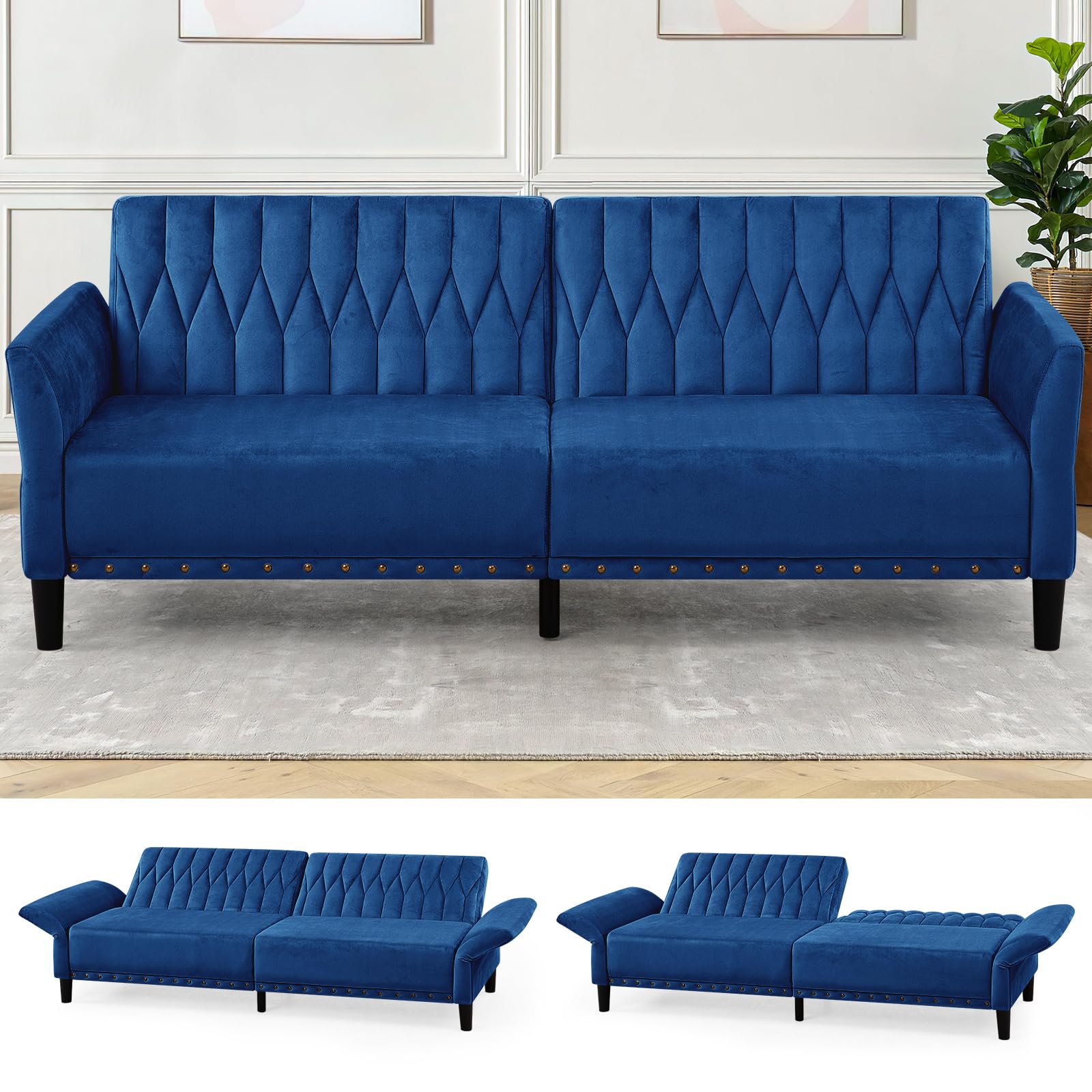 77” Velvet Sofa Bed with Adjustable Armrests and Backrests, Blue | Tufted Convertible Futon Couch with Nailhead Trim, Loveseat Modern Velvet Sleeper Sofa for Living Room,Bedroom,Office