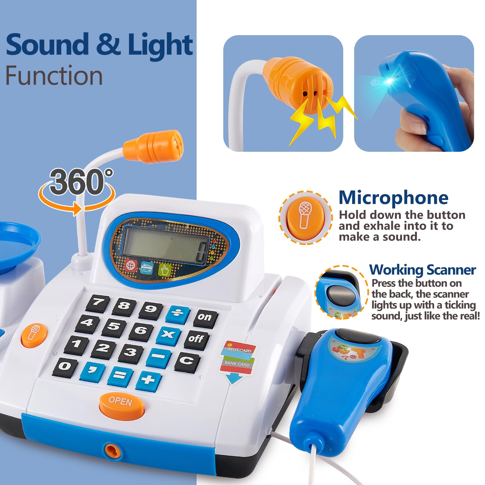 HERSITY Grande Registratore di Cassa Bambini con Scanner Microfono, Supermercato Giocattolo Cibo Finto Giochi di Imitazione, Regalo Compleanno per Bambina 3 4 5 Anni