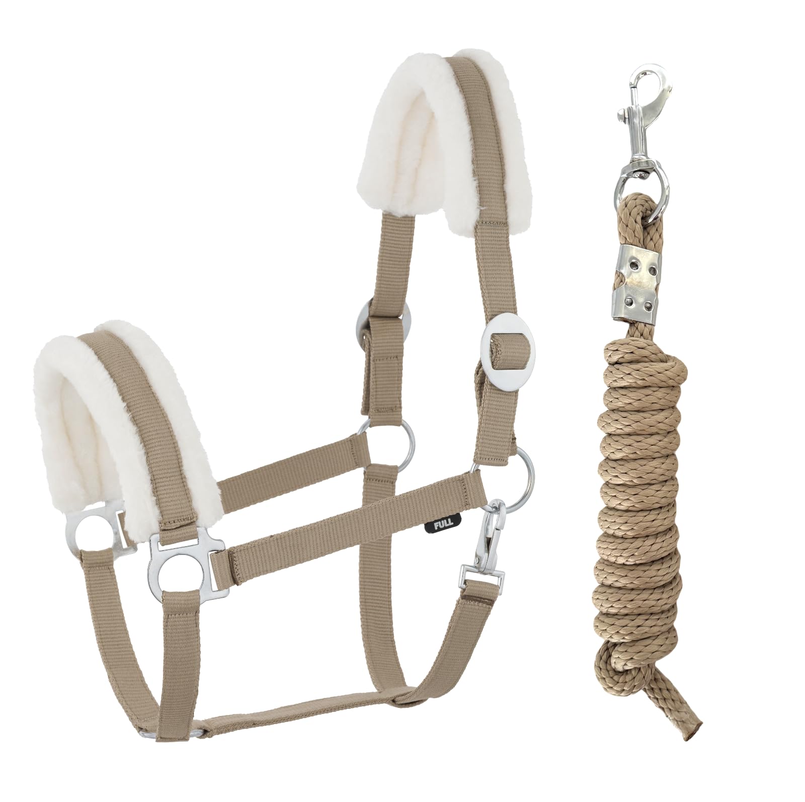 JA Horse JA4003 Faux Fur Halter Lead Rope Set with Snap Hook Adjustable Horse Halter Horse Wooden Horse Tie Rope (Faux Fur Carabiner Hook Khaki, Pony)