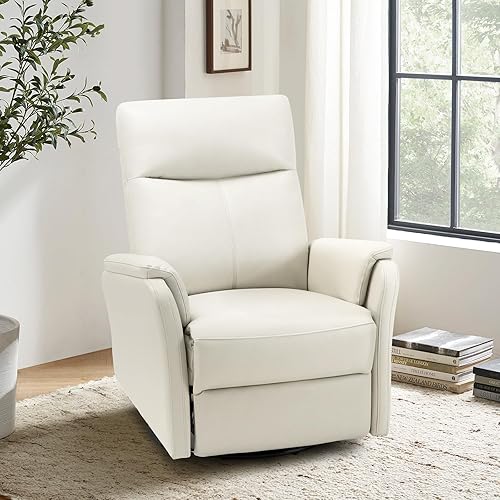 Modern Leather Swivel Rocker Recliner – Glider Reclining Chair with Footrest, Wide Seat Cushion & Comfortable Support for Living Room, Nursery, Bedroom, Beige
