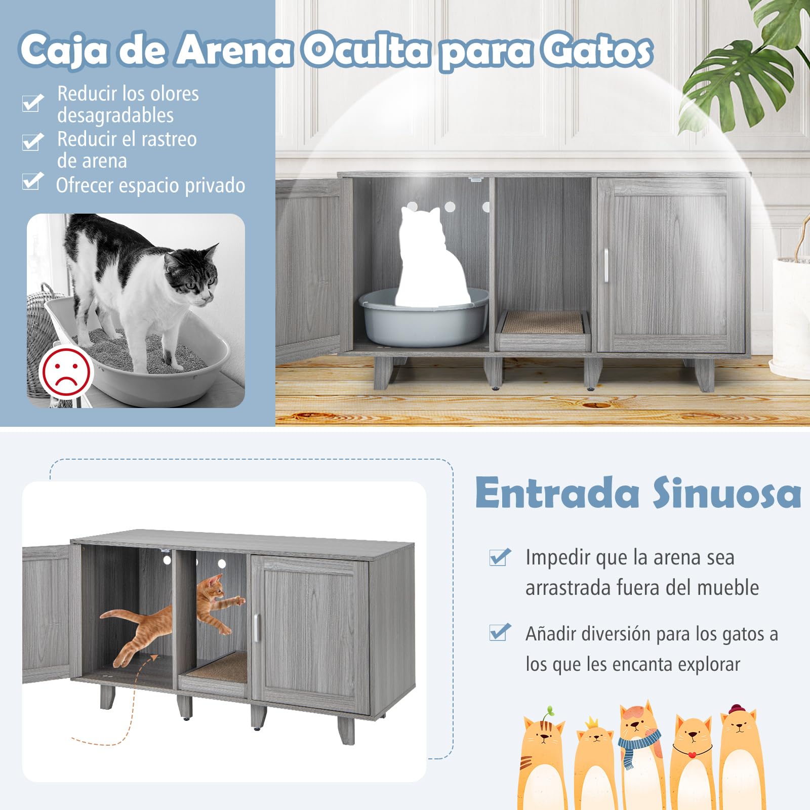 COSTWAY Cajas de Arena para Gatos, Casa de Baño Oculto para Mascota con 2 Puertas, Arenero Cubierto con Entrada Sinuosa y Tablero Rascador, Mesa Auxiliar para Gatos 120 x 52 x 65 cm (Gris Oscuro)