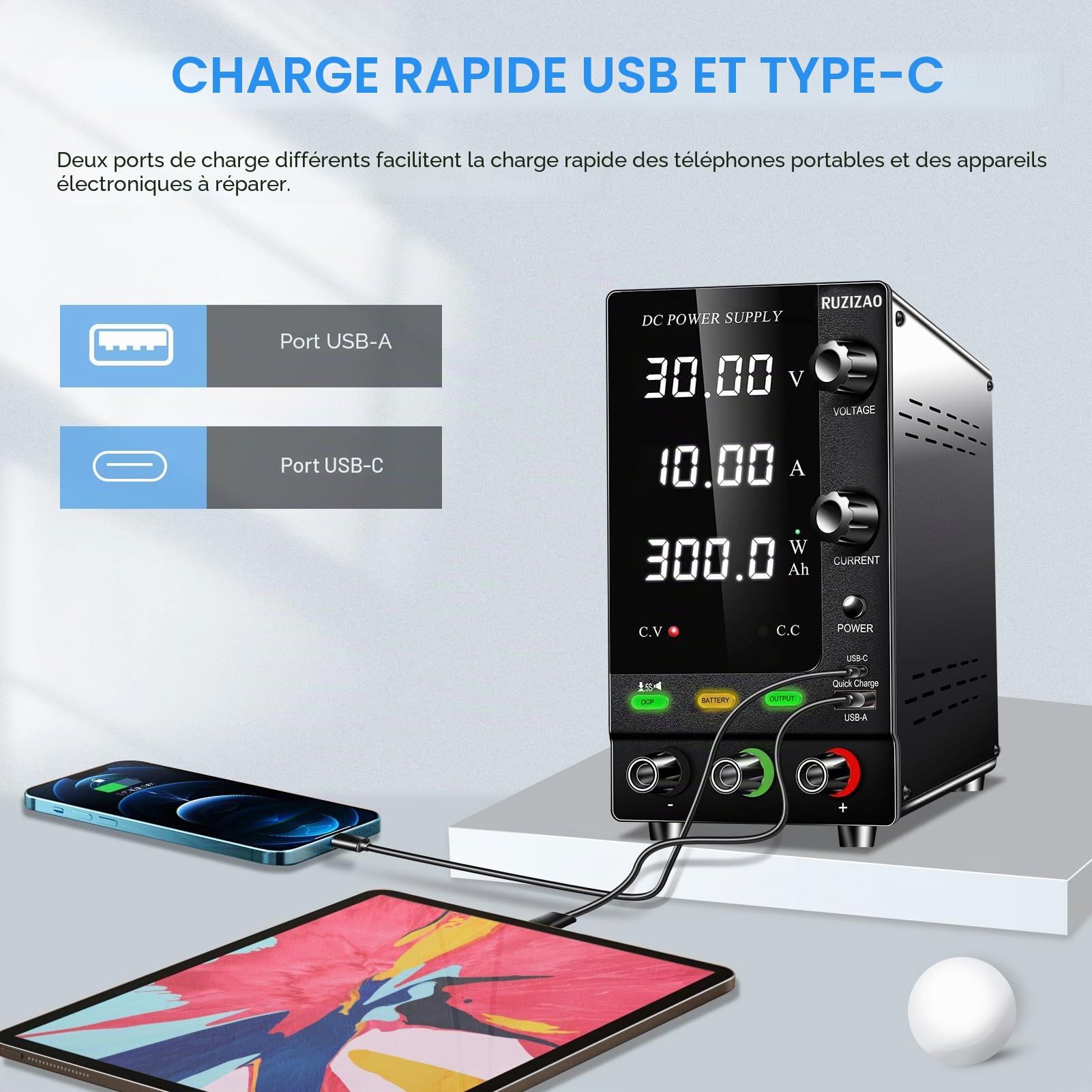 Alimentation Rechargeable 30V 10A 300W, Compatible avec le Chargement de Batteries Automobiles, adaptée au Chargement de Batteries au plomb-acide de Lithium-ion de 2V à 28V
