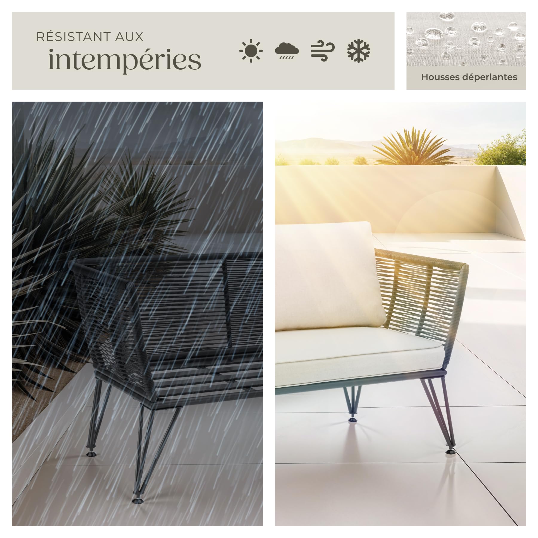 tectake® Canapé 2 Places Salon de Jardin Exterieur en Résine tréssée Salon Exterieur, Banquette de Jardin Coussins Inclus, Amenagement Balcon Terrasse Veranda Patio Maison