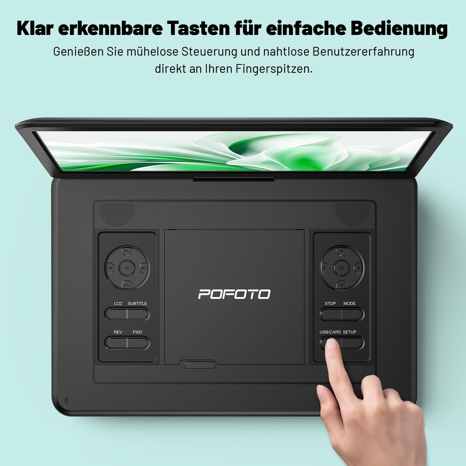 POFOTO 17,5'' Tragbarer DVD-Player mit 15,6'' Drehbarem HD-Display, 6h Akkulaufzeit, Unterstützt Mehrere Formate/SD/USB, TV/Projektor-Sync, Stoßfest & Speicherfunktion, Stereo-Lautsprecher (Schwarz)