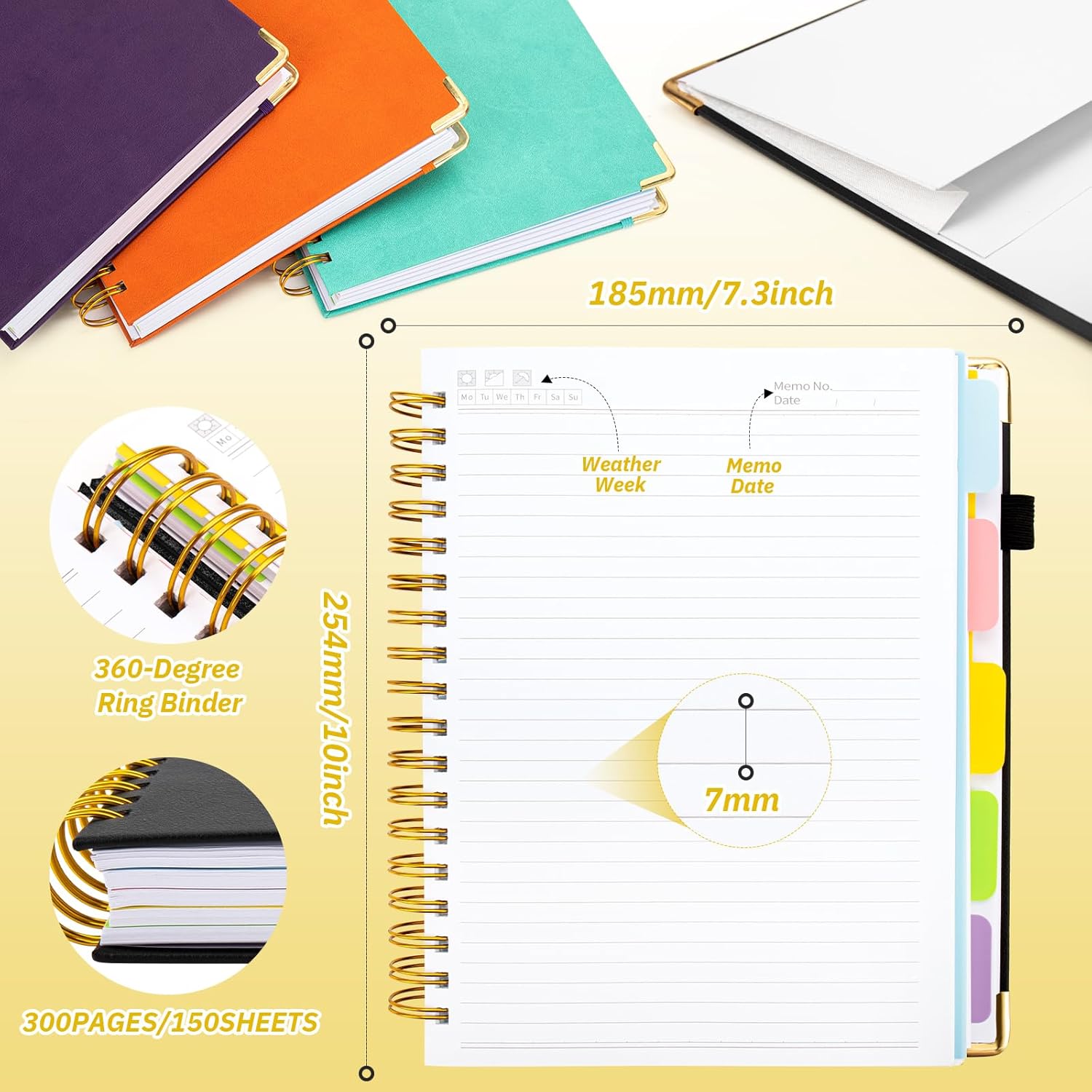 ONLYESH Spiral Notebook Journal,300Pages Hardcover Spiral Notebook journal with Removable Dividers Tabs,7.3"x10" Large Spiral Lined Notebooks for Work, School, Women, Men（BLACK）
