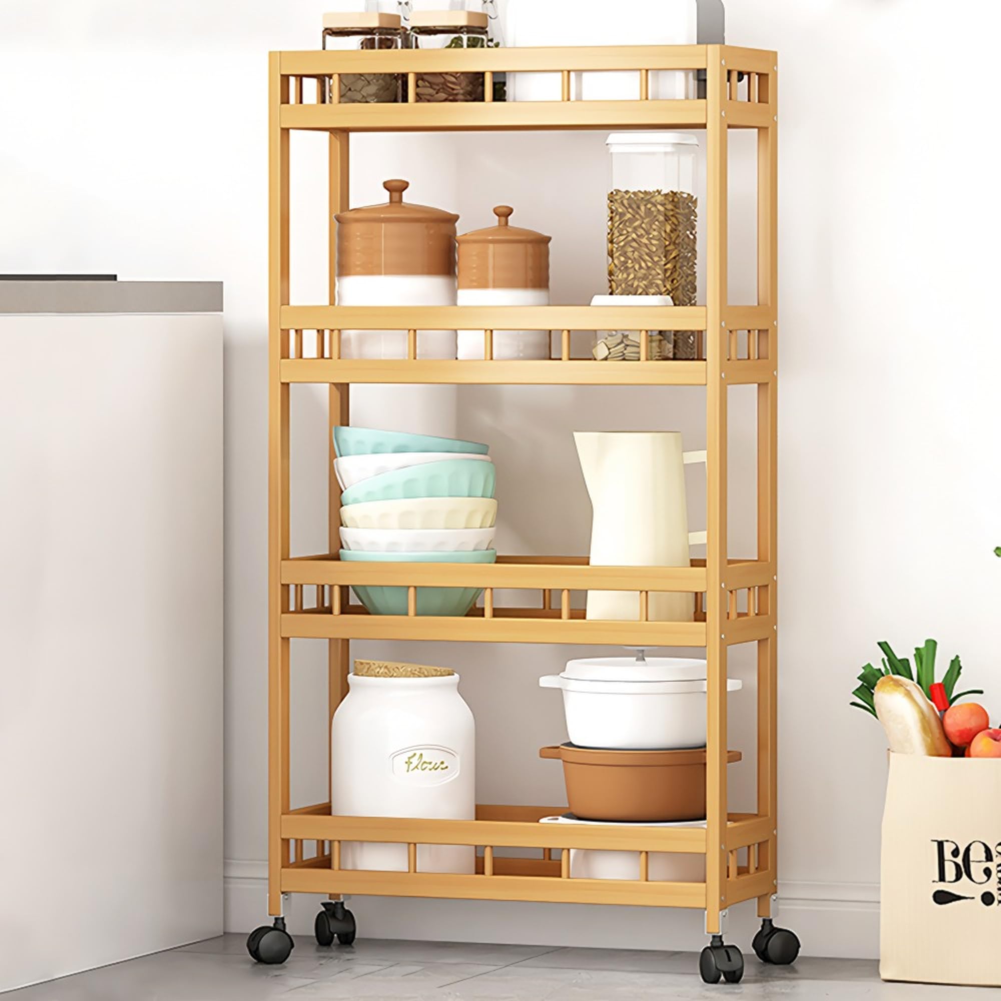TIE-DailyNec 4-Tier Bamboo Kitchen Rolling Cart Removable Wood Trolley Island Cart, Utility Cart Multi-Layer Storage Shelf Rack on Wheels (19.7" L X