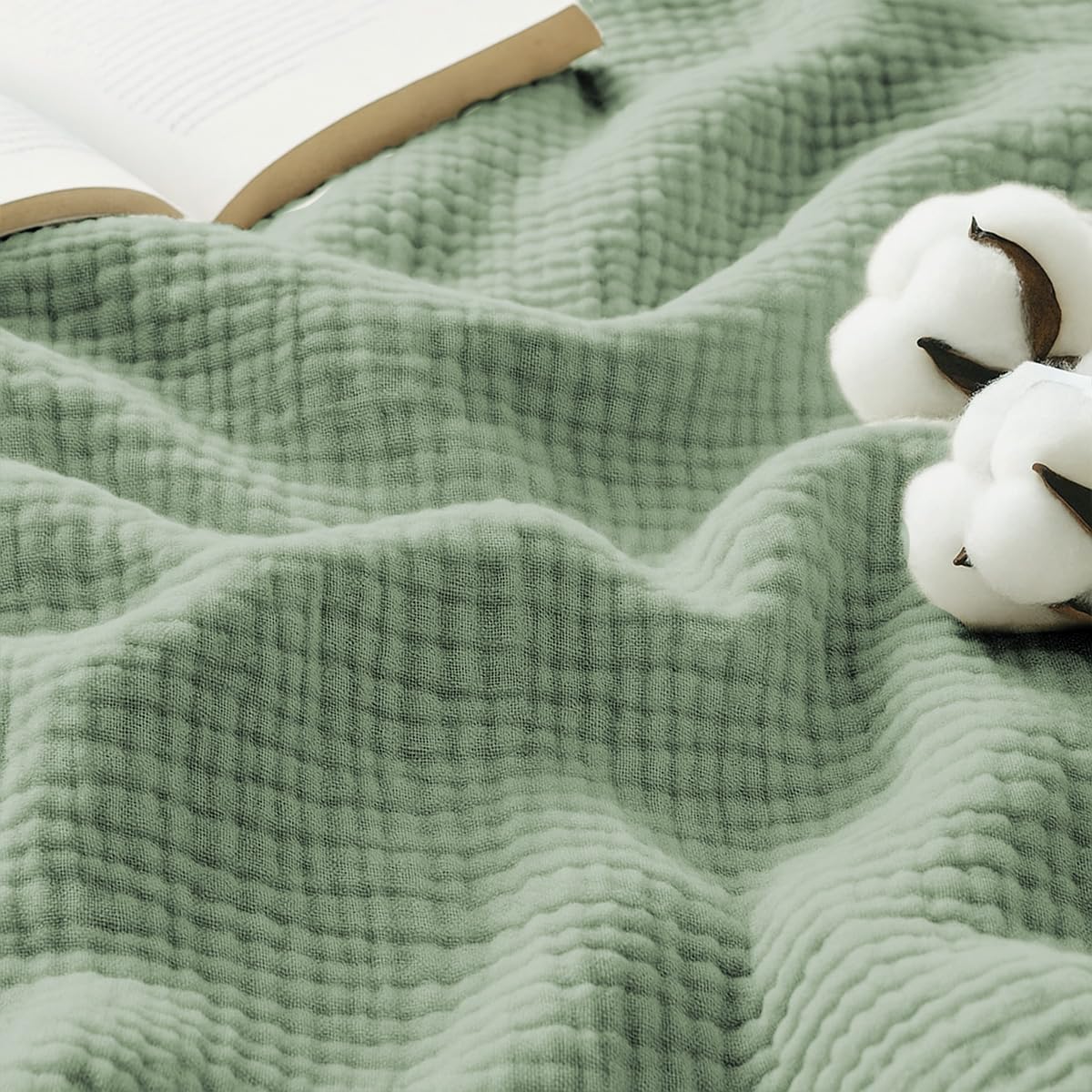 Lanqinglv Manta de muselina 150x200cm de algodón, manta de 4 capas de muselina, manta de verano verde certificada Oeko-Tex, manta para sofá y cama, para el hogar y para acurrucarse, manta de algodón